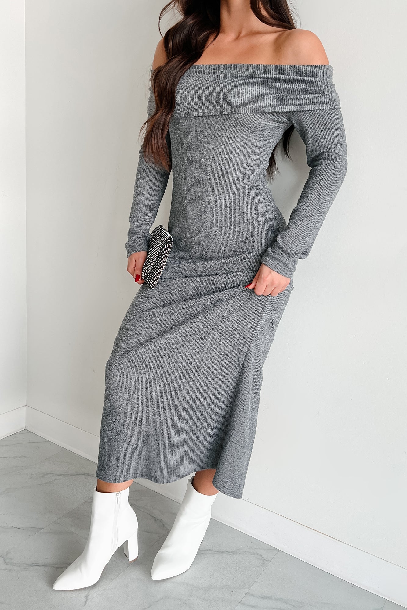 Tanya Off The Shoulder Sweater Maxi Dress (Heather Grey)