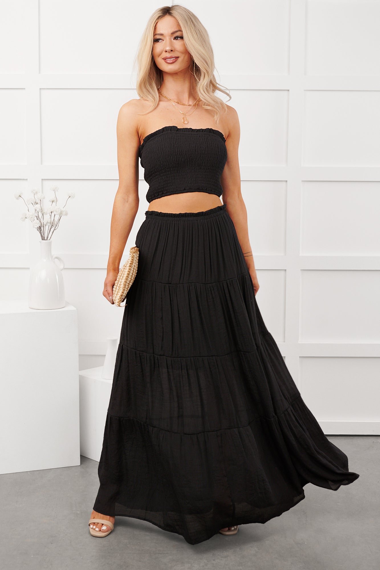 Stay Simple Smocked Bandeau & Maxi Skirt Set (Black)