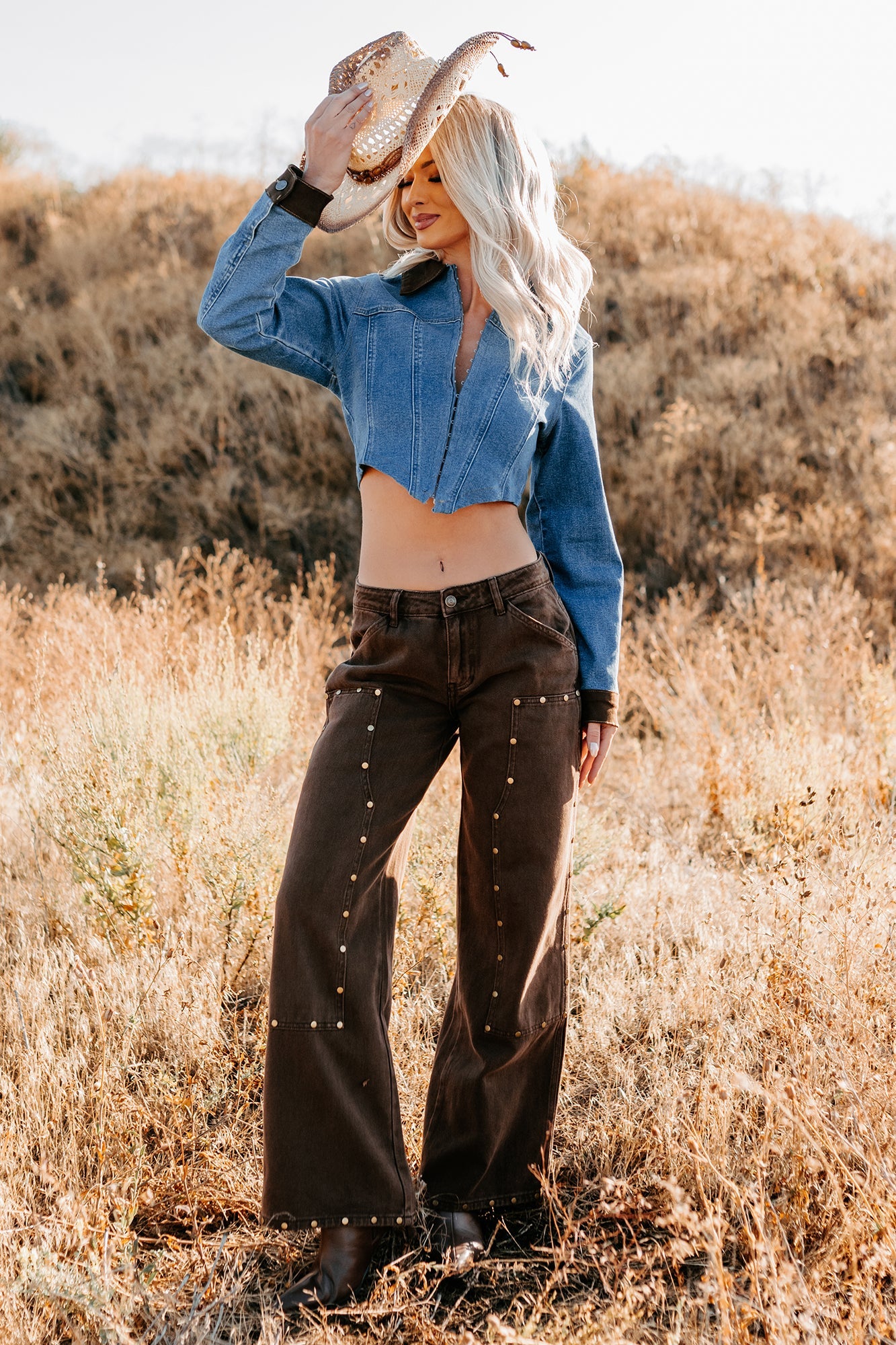 Peachy Prairie Cropped Denim Corset Jacket (Medium)