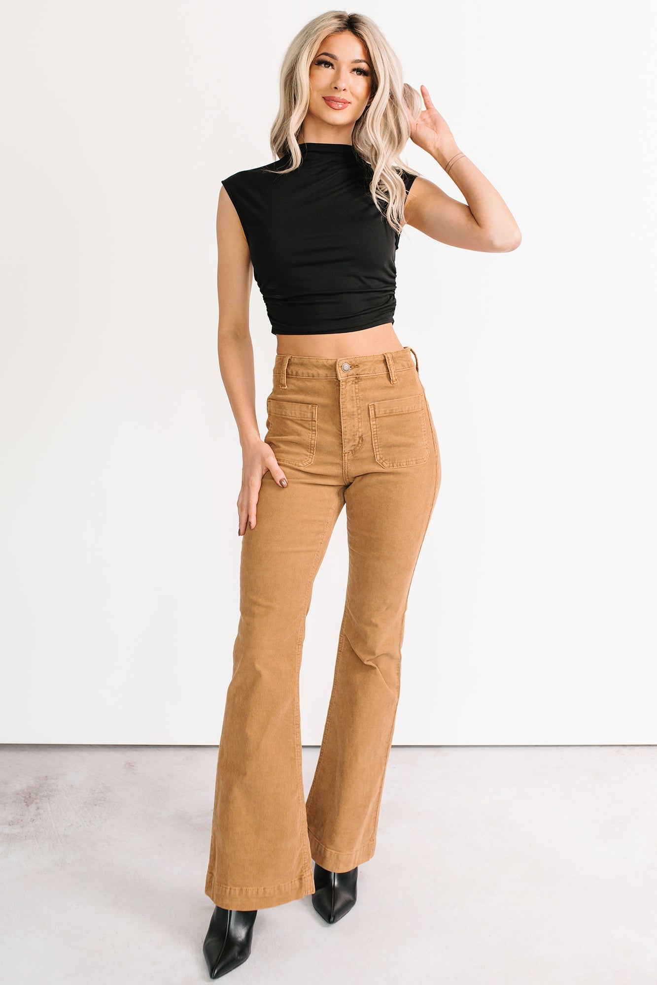 One More Kiss Cap Sleeve Mock Neck Crop Top (Black)