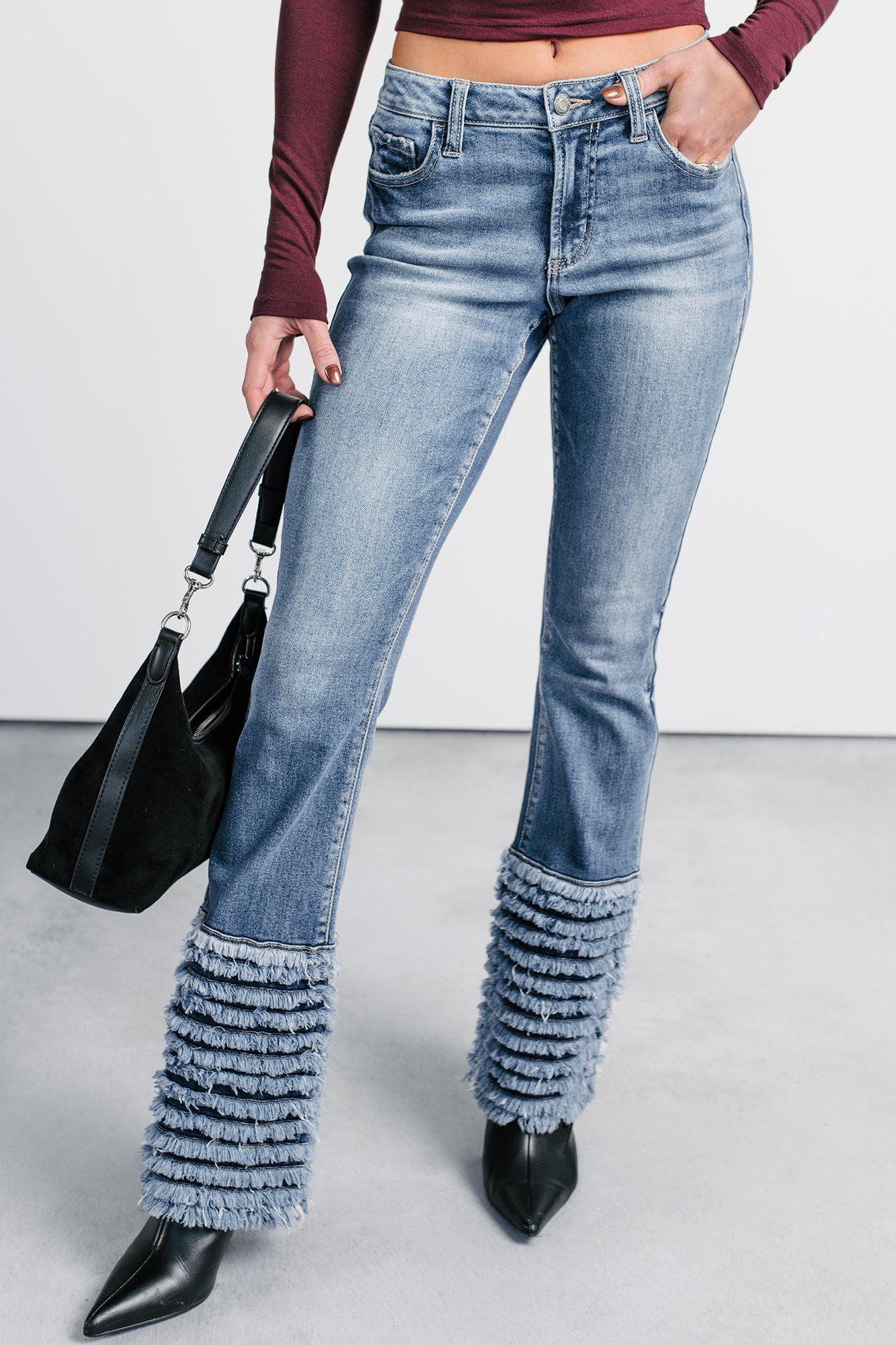 Vera Mid Rise Frayed Hem Cello Flare Jeans (Medium)