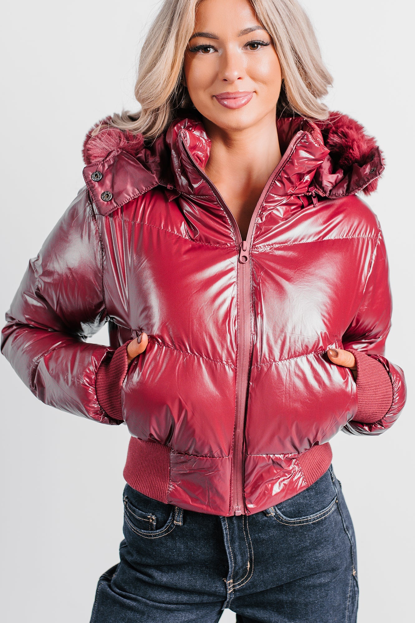 Show You How Faux Fur Hooded Puffer Jacket (Burgundy)