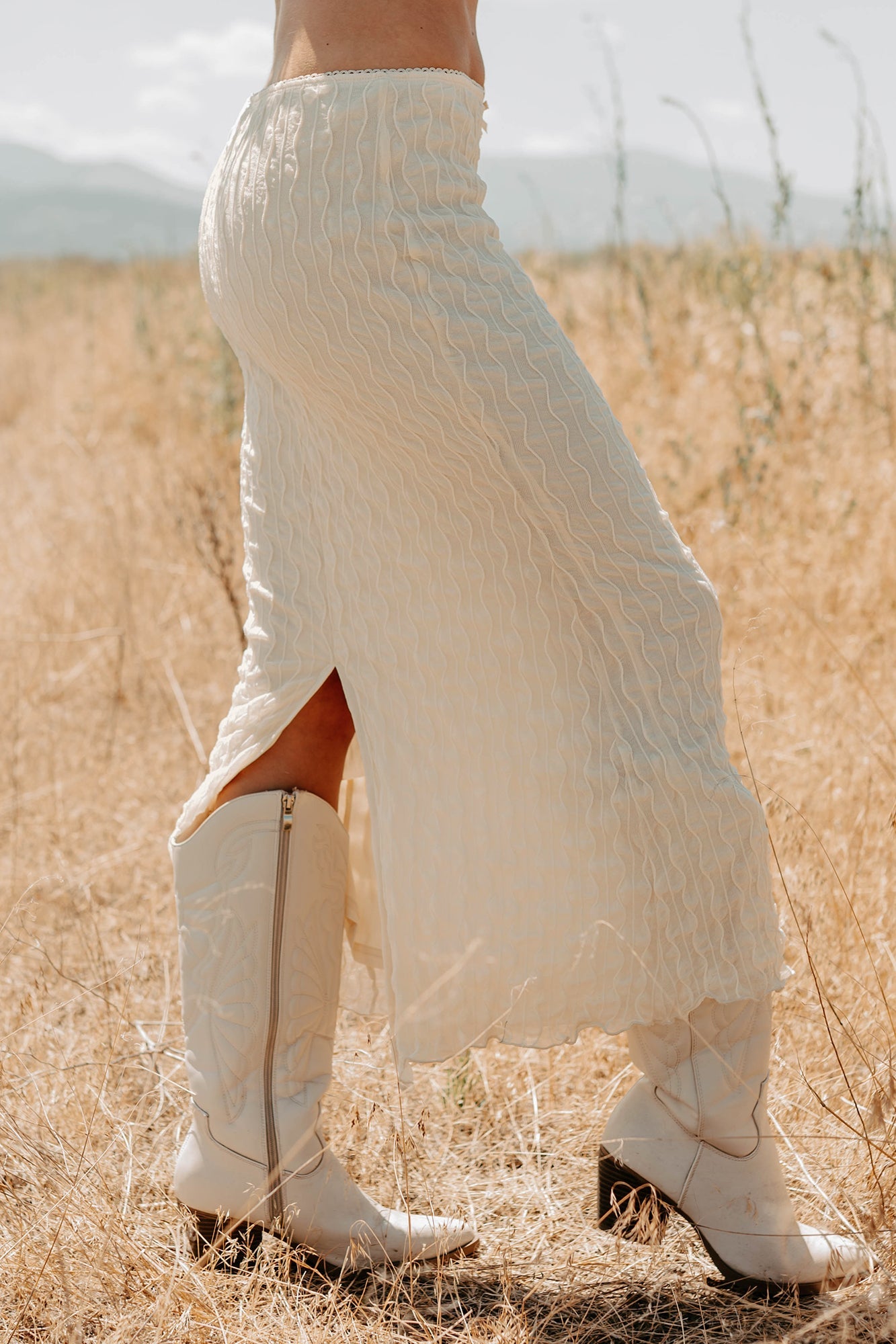 Polished Ease Textured Lace Maxi Skirt (Ivory)