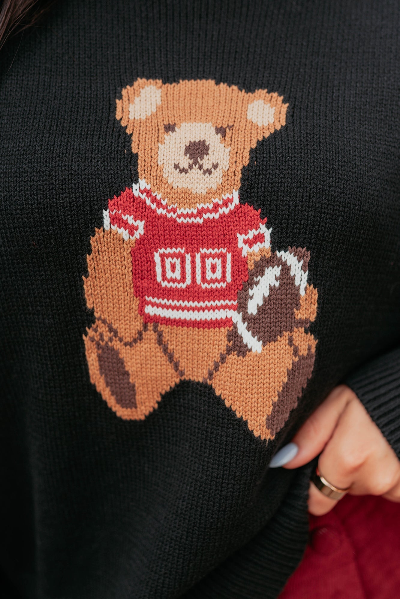 Playing For Keeps Teddy Bear Graphic Sweater (Black/Red)