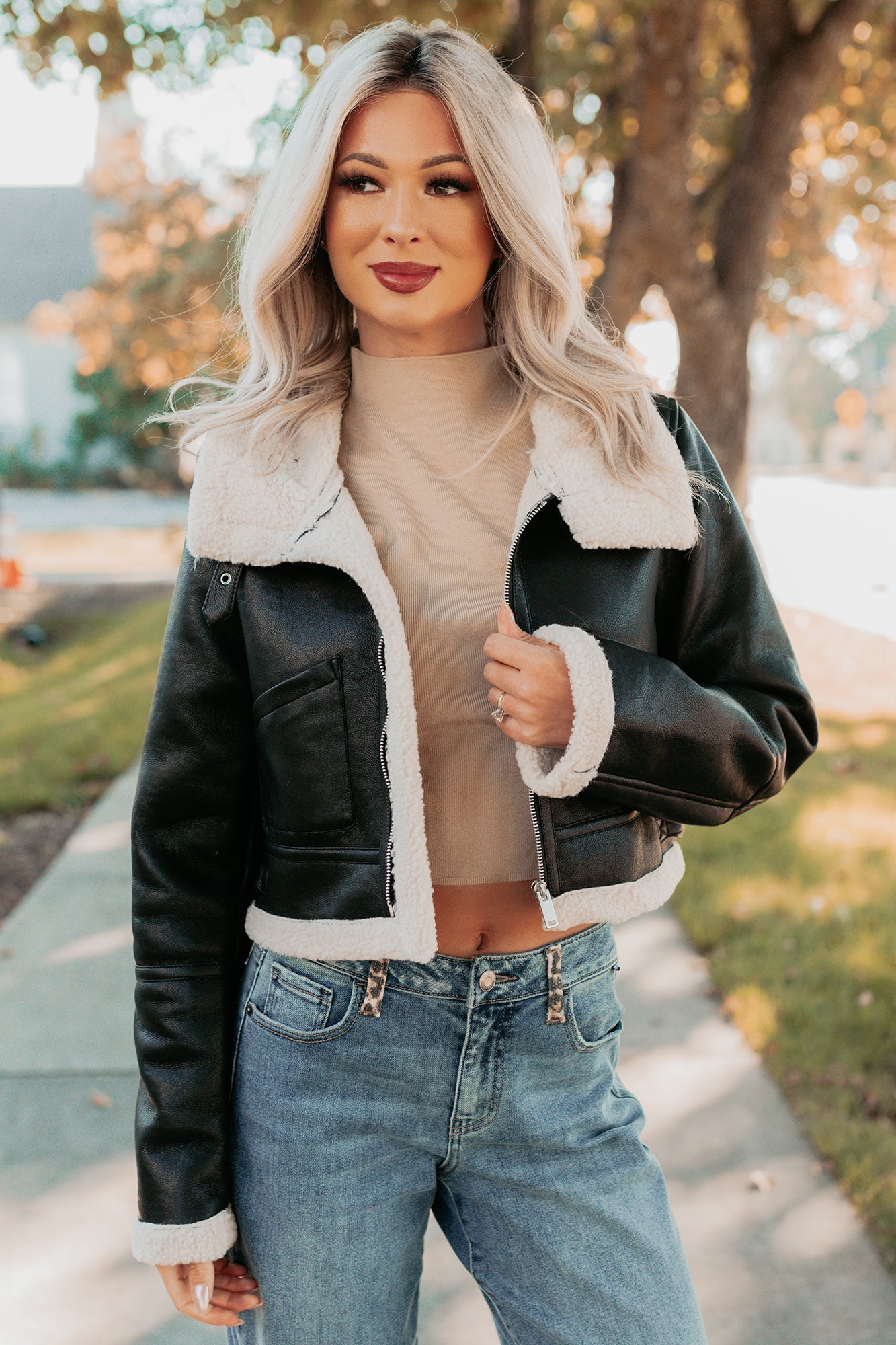 Urban Chill Faux Leather Sherpa Lined Jacket (Black/Beige)