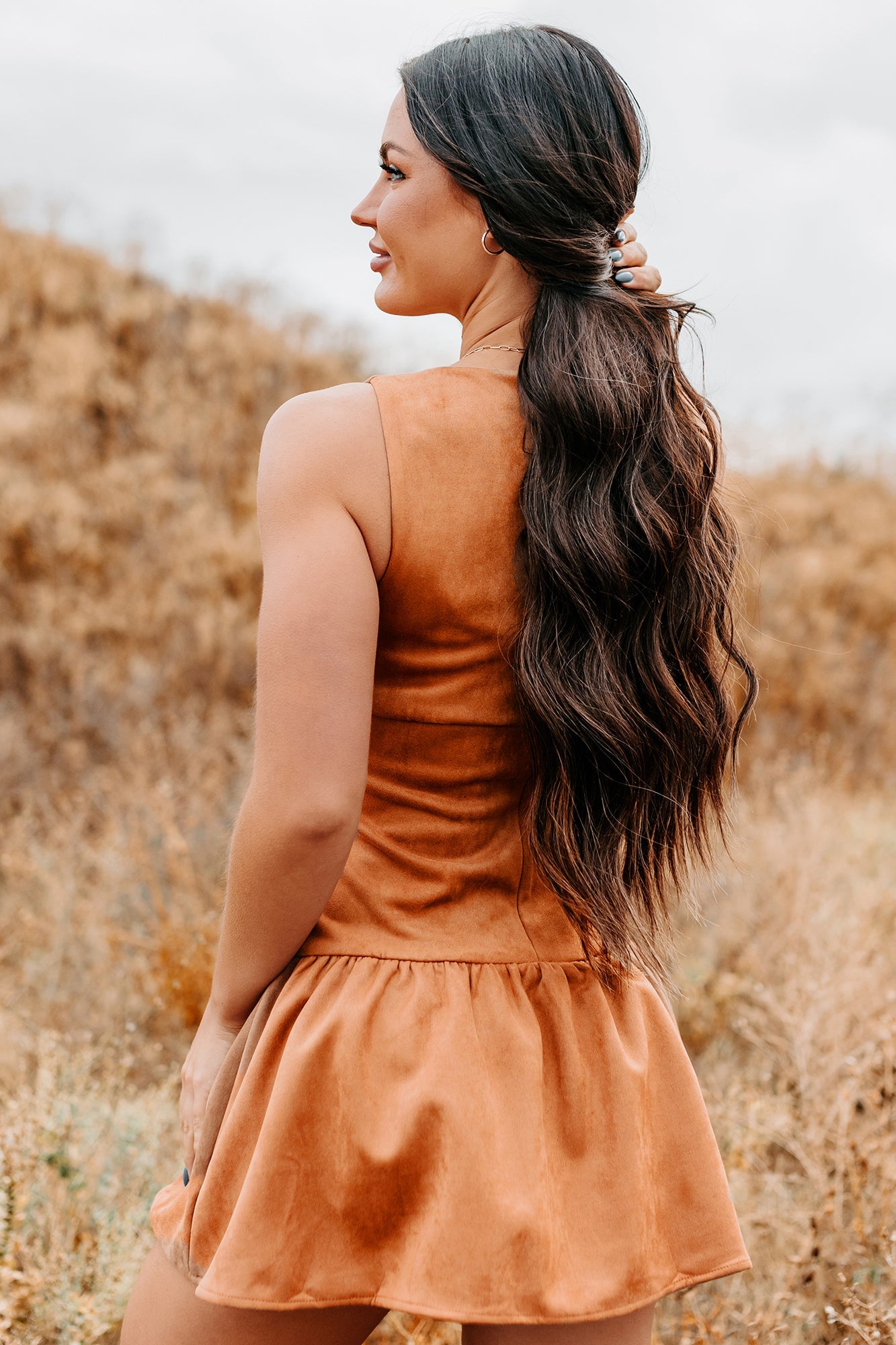 Wish You Luck Sleeveless Faux Suede Mini Dress (Camel)