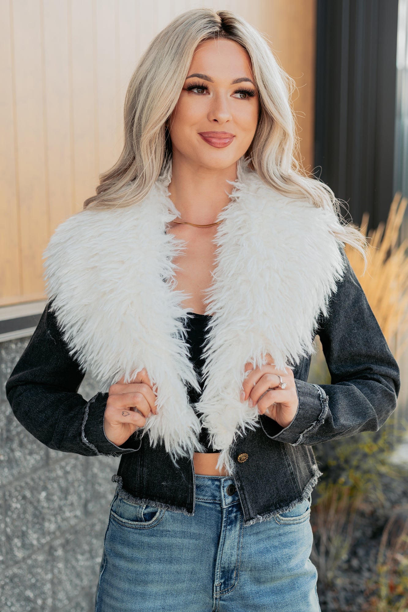 Unapologetic Glow Denim Fur Collar Jacket (Black)