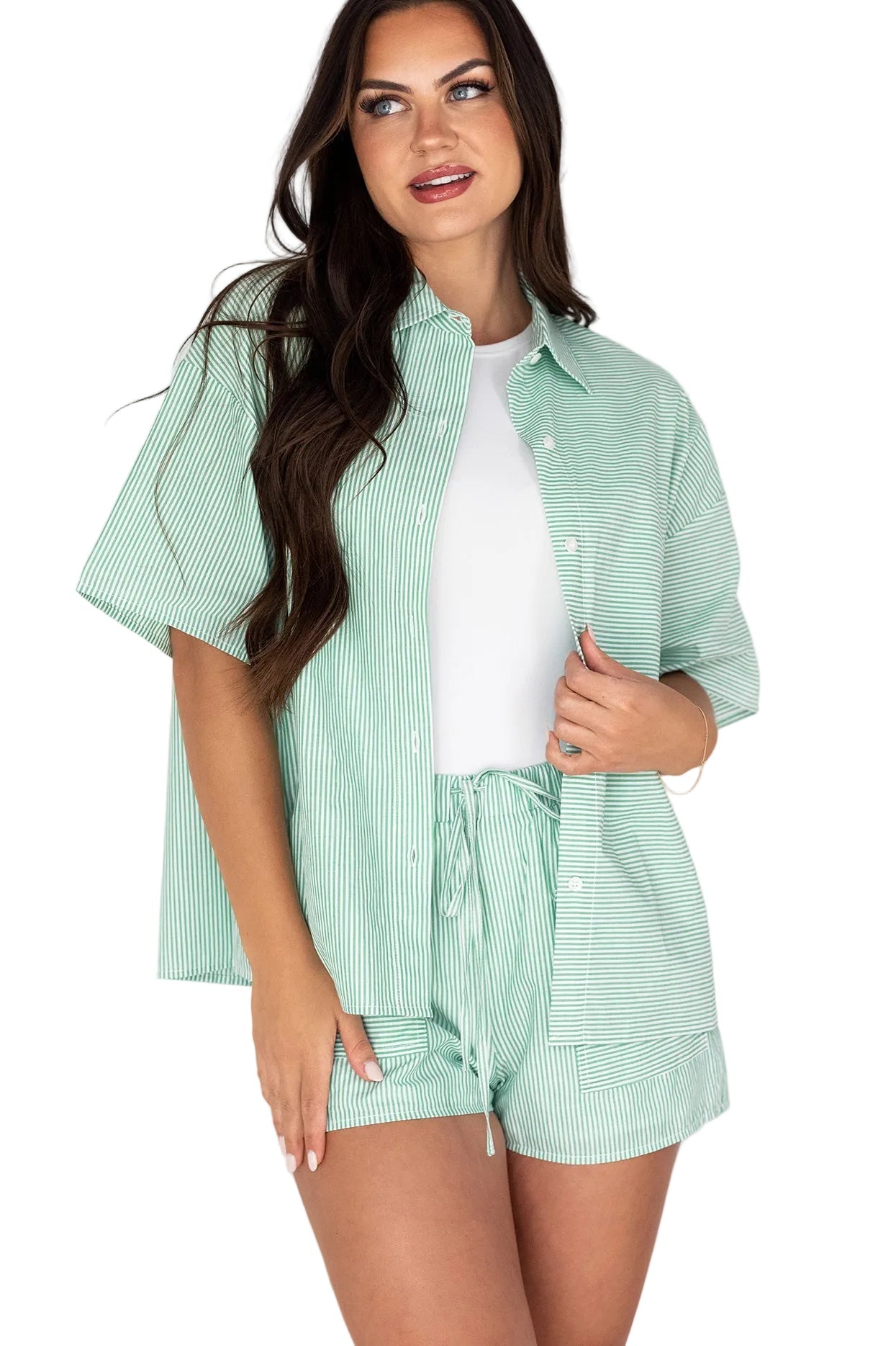 Sigrid Oversized Short Sleeve Button-Down (Green/White Stripe)