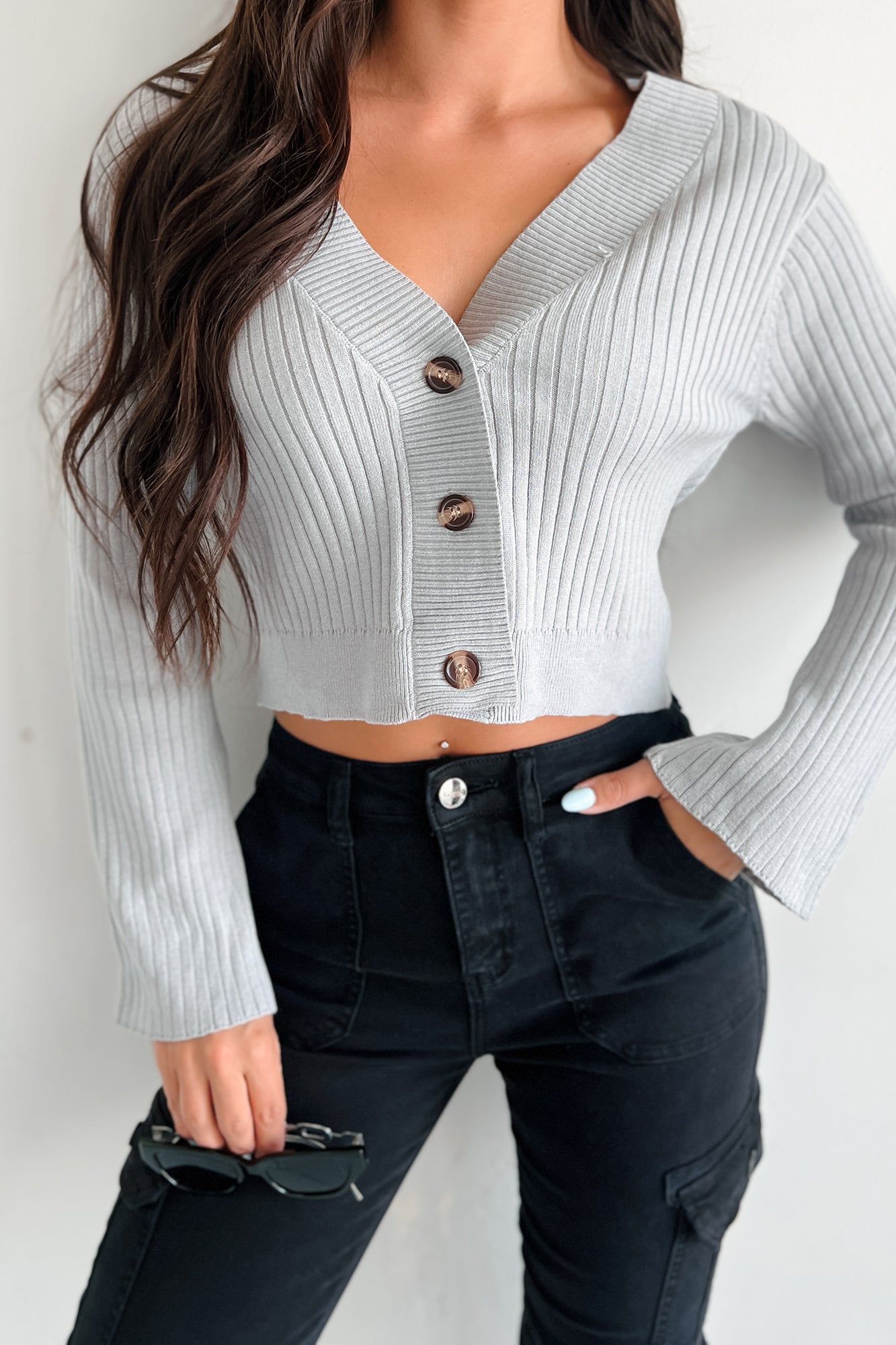 Saskia Button Down Sweater Top (Light Grey)