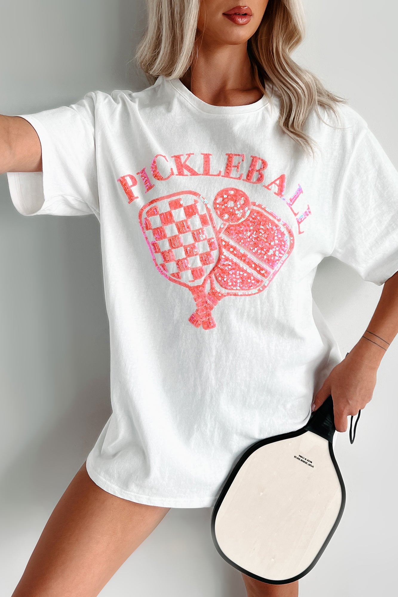 Prepped For Pickleball Oversized Sequin Graphic T-Shirt (Off White)