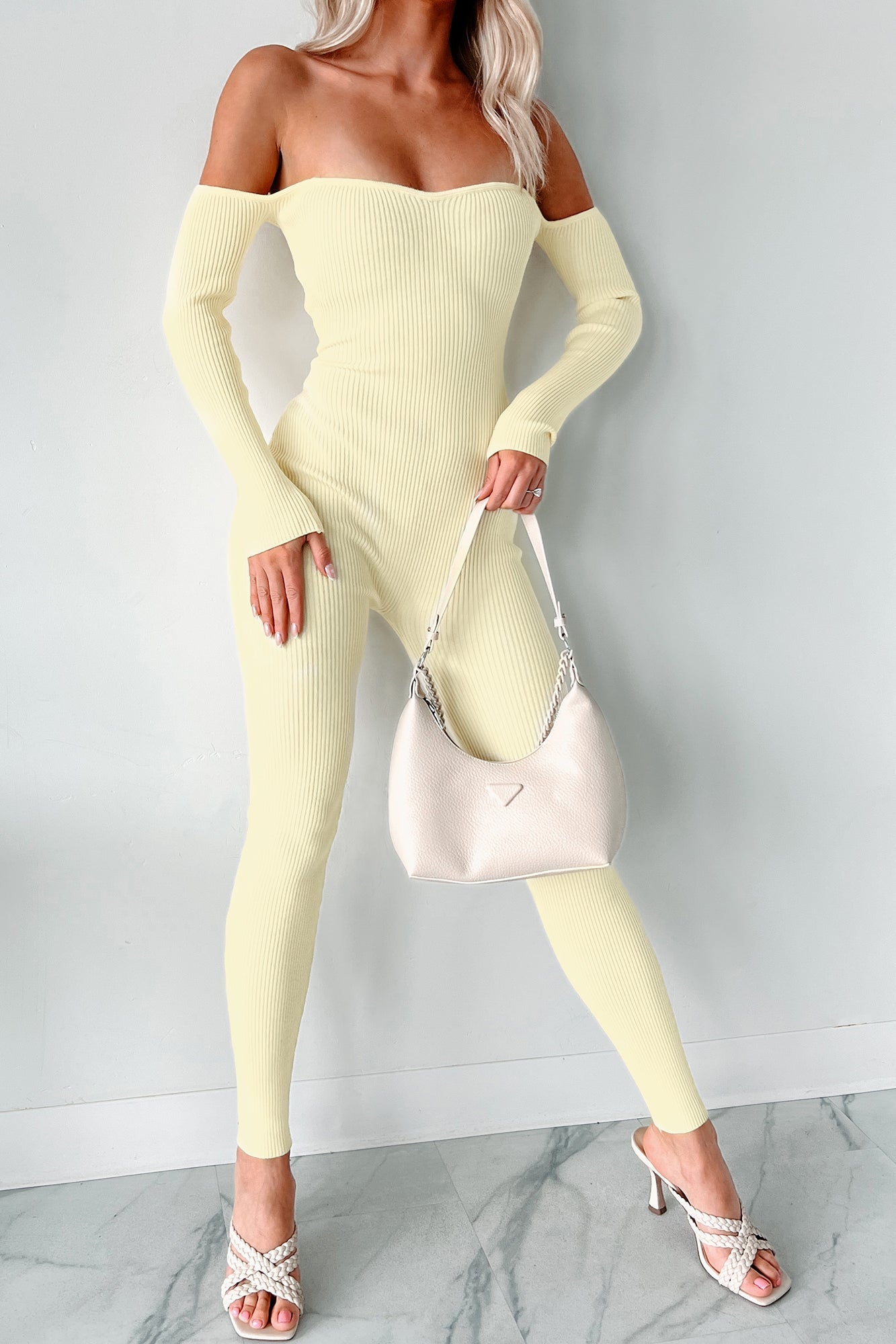 Telling Secrets Off The Shoulder Ribbed Catsuit (Yellow)