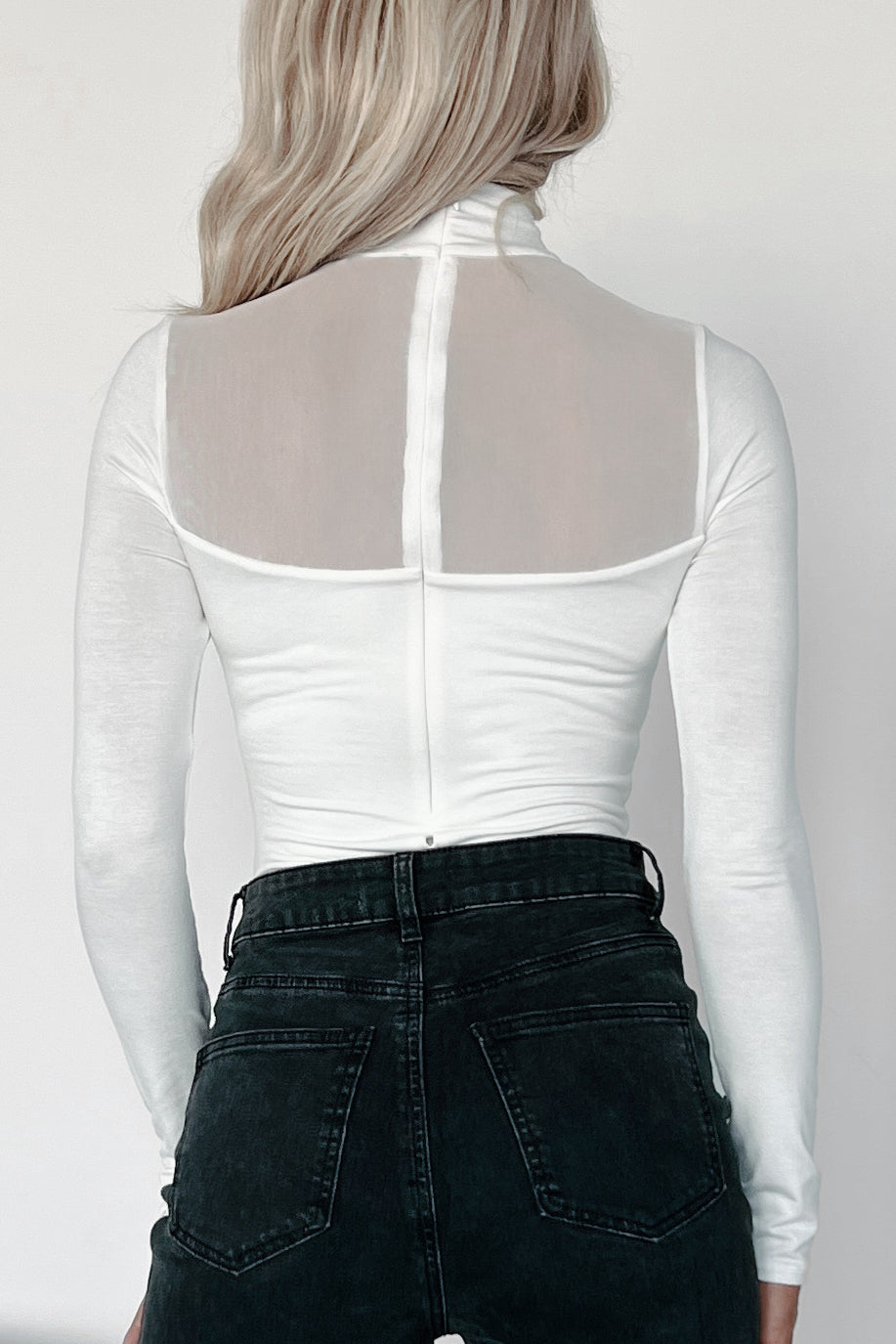Sultry Persona Mock Neck Mesh Detail Bodysuit (Ivory)