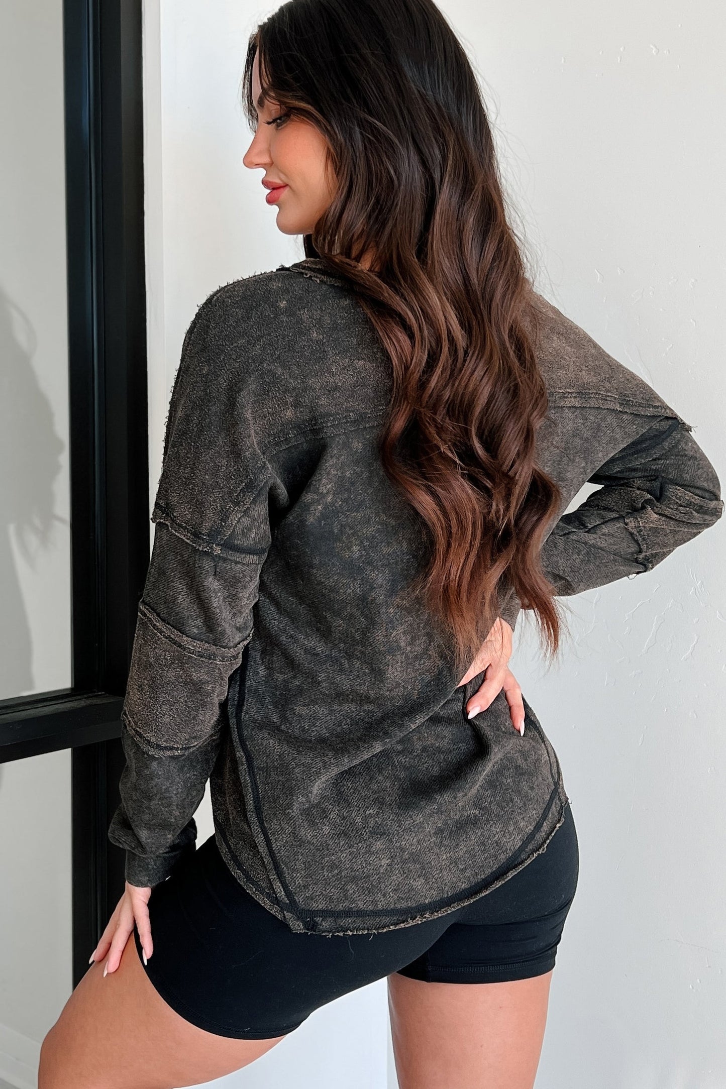Samson Raw Edged Oversized Long Sleeve Top (Black)