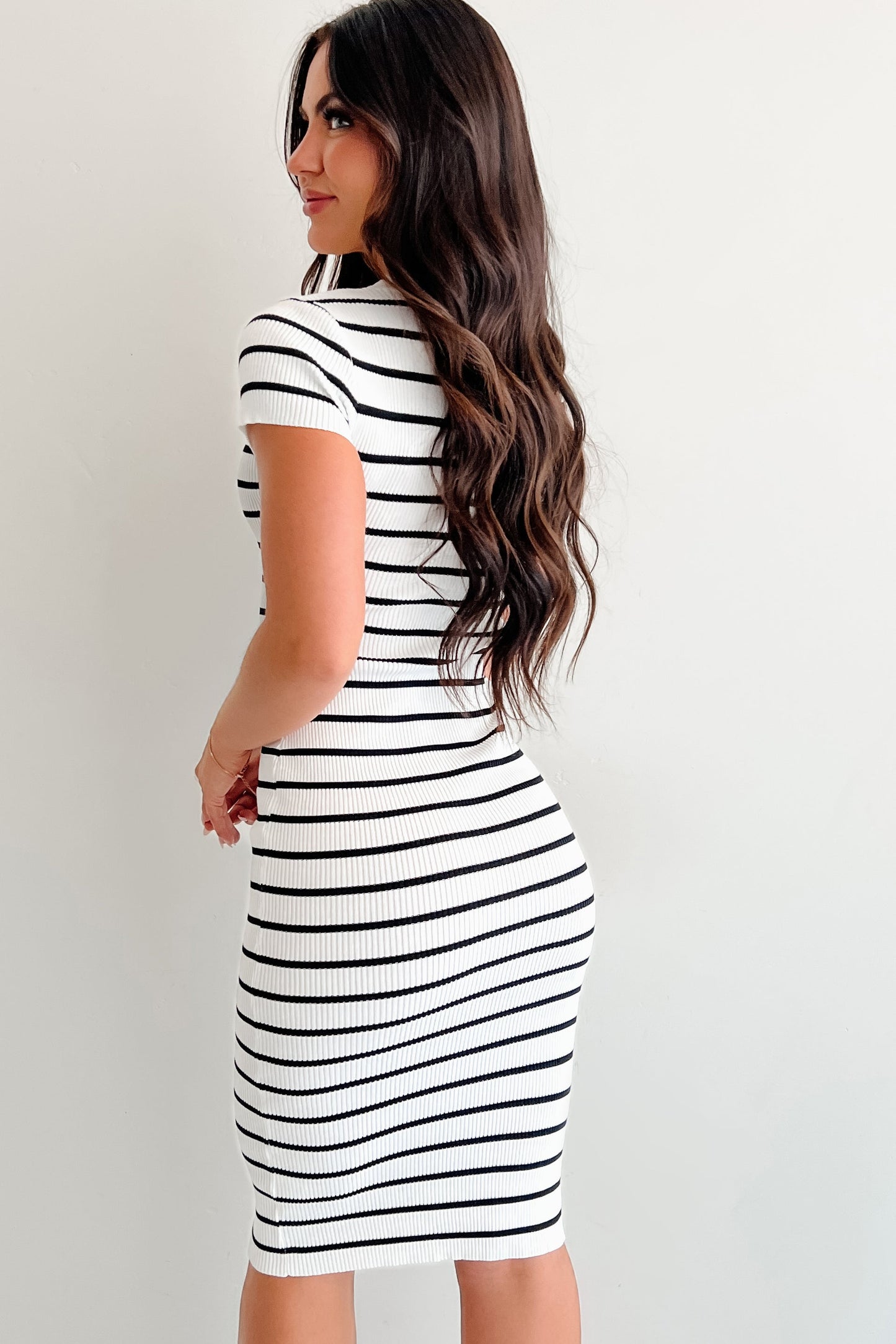 The Real Thing Striped Bodycon Midi Dress (White)