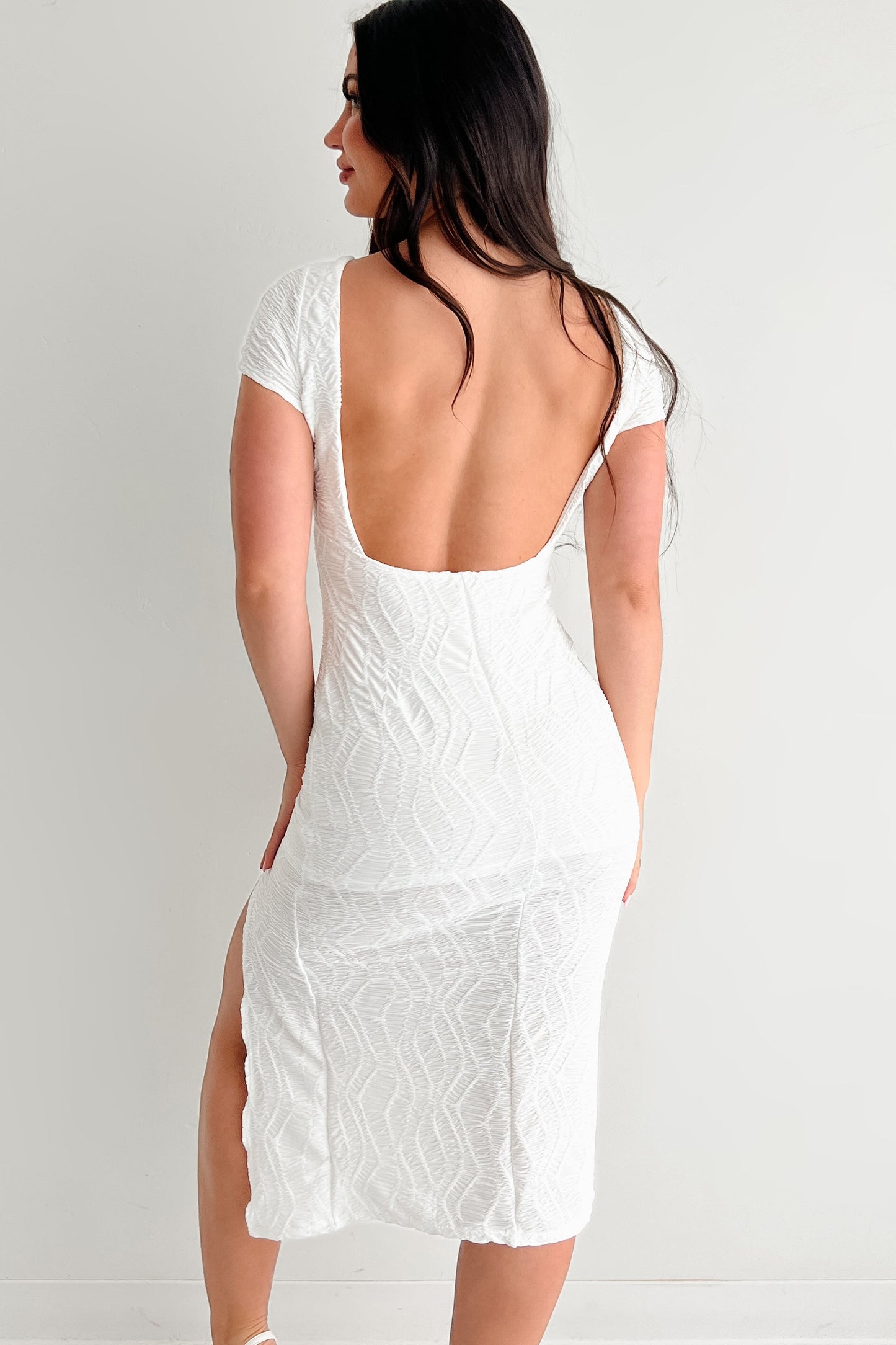 Reminders Of You Open Back Textured Midi Dress (Ivory)