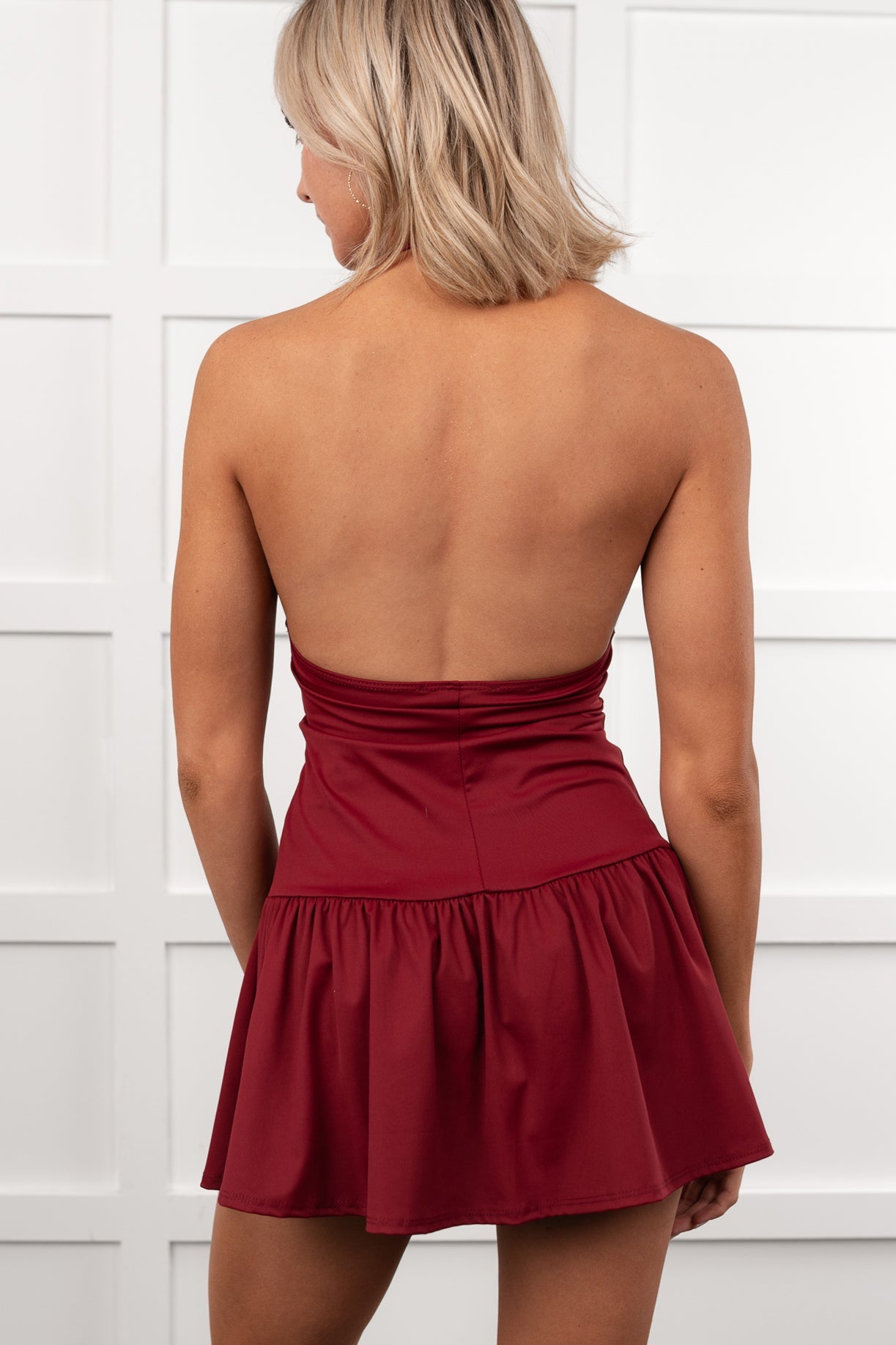 Star Moment Halter Drop Waist Mini Dress (Wine)