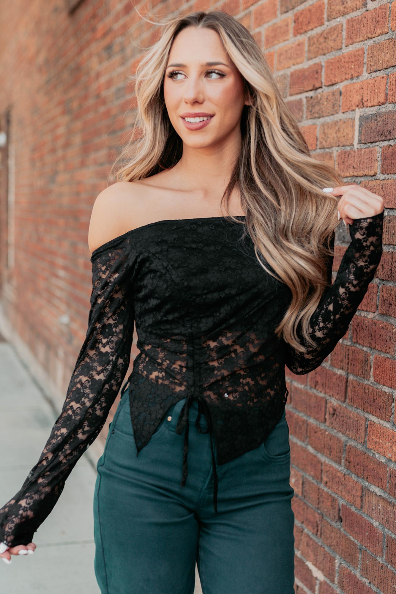 Up To Standard Ruched Lace Asymmetric Top (Black)