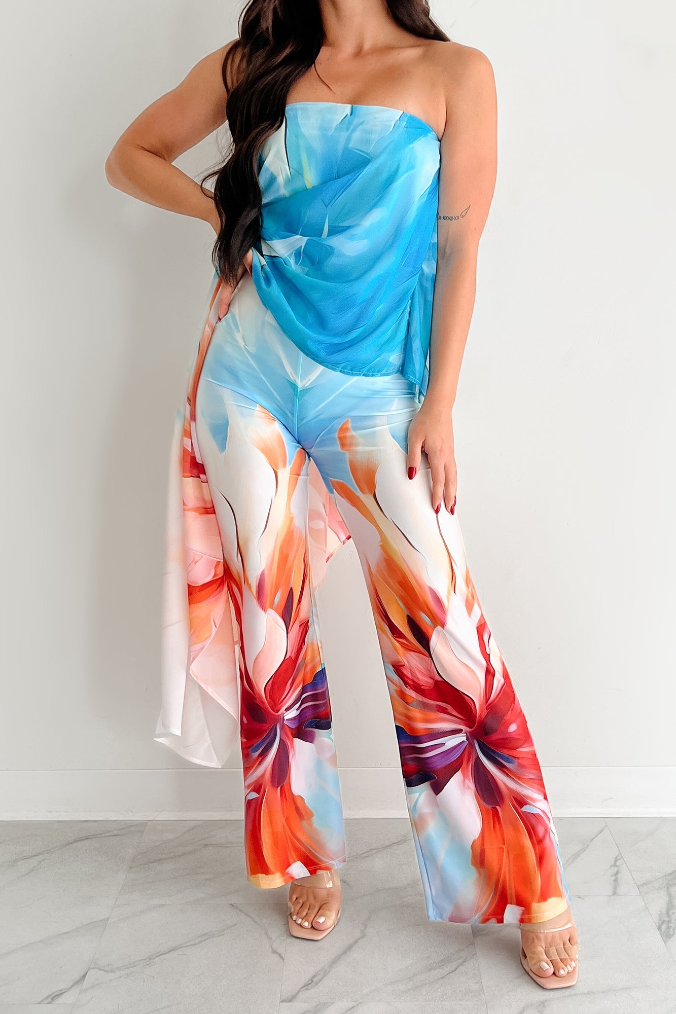Wander Wildly Strapless Flowy Jumpsuit (Blue/Multi)