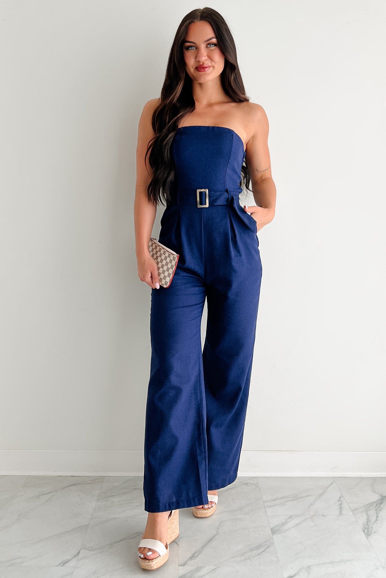 One More Page Strapless Belted Jumpsuit (Navy)