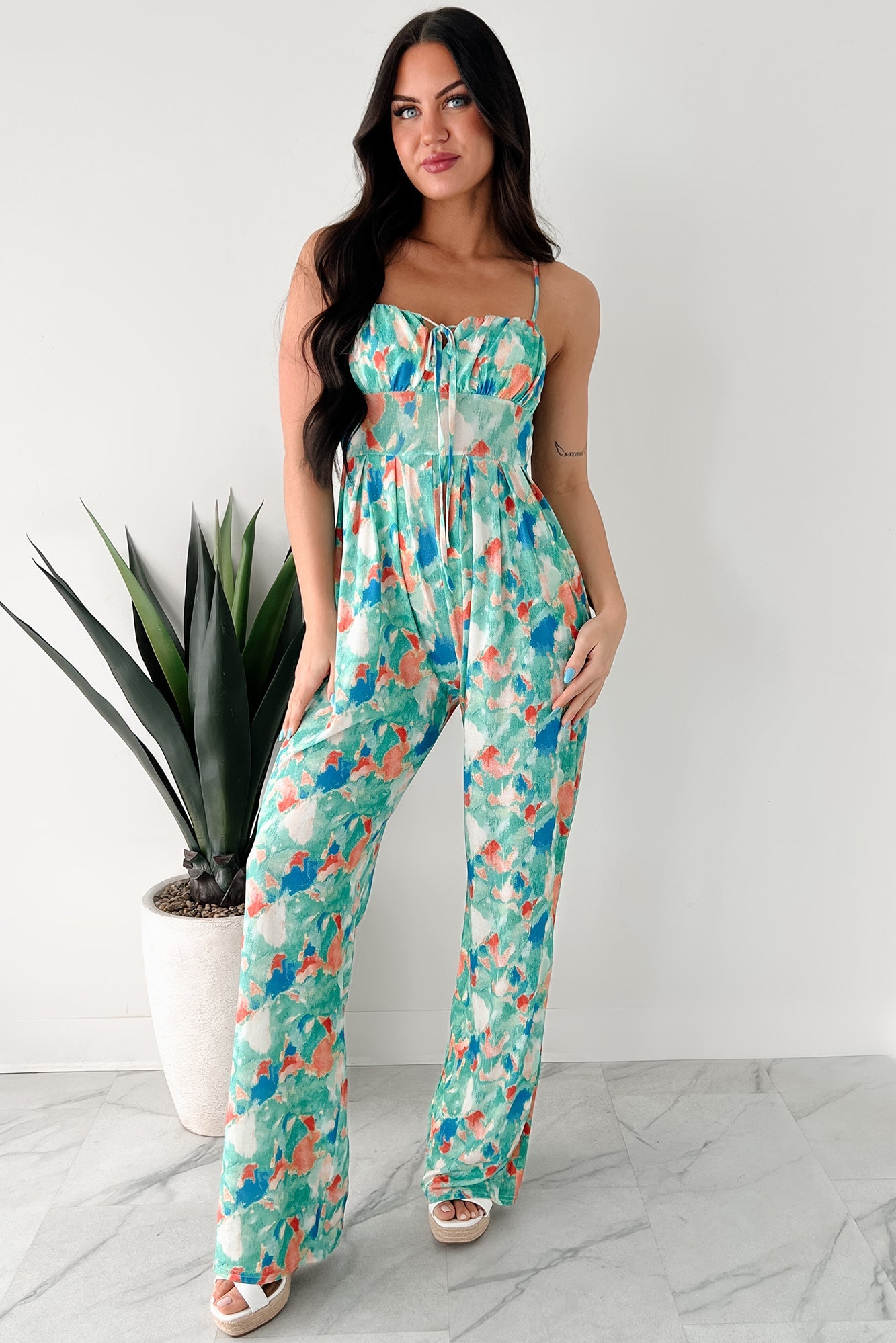 Step Into Stillness Watercolor Print Jumpsuit (Green)