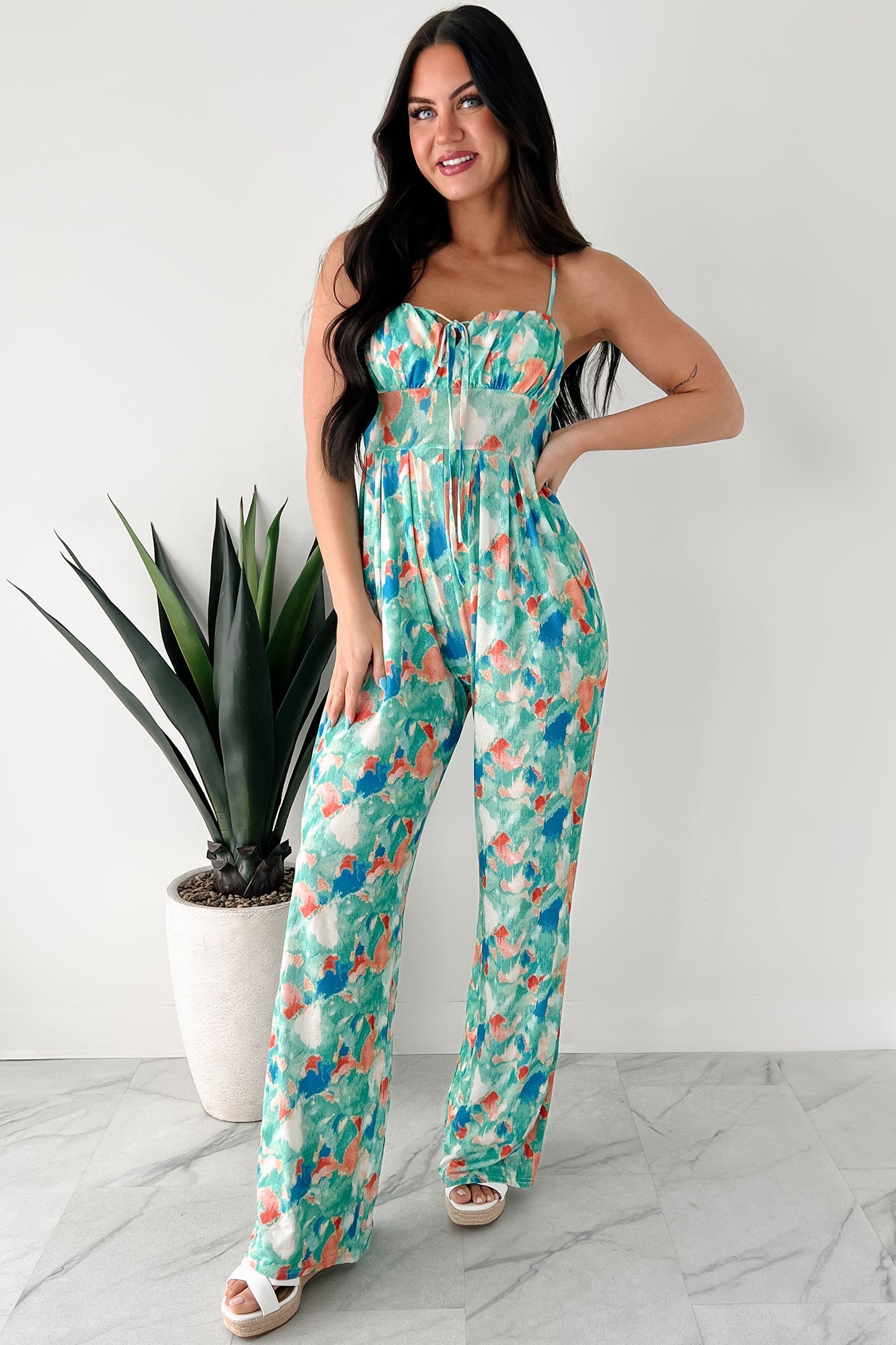 Step Into Stillness Watercolor Print Jumpsuit (Green)