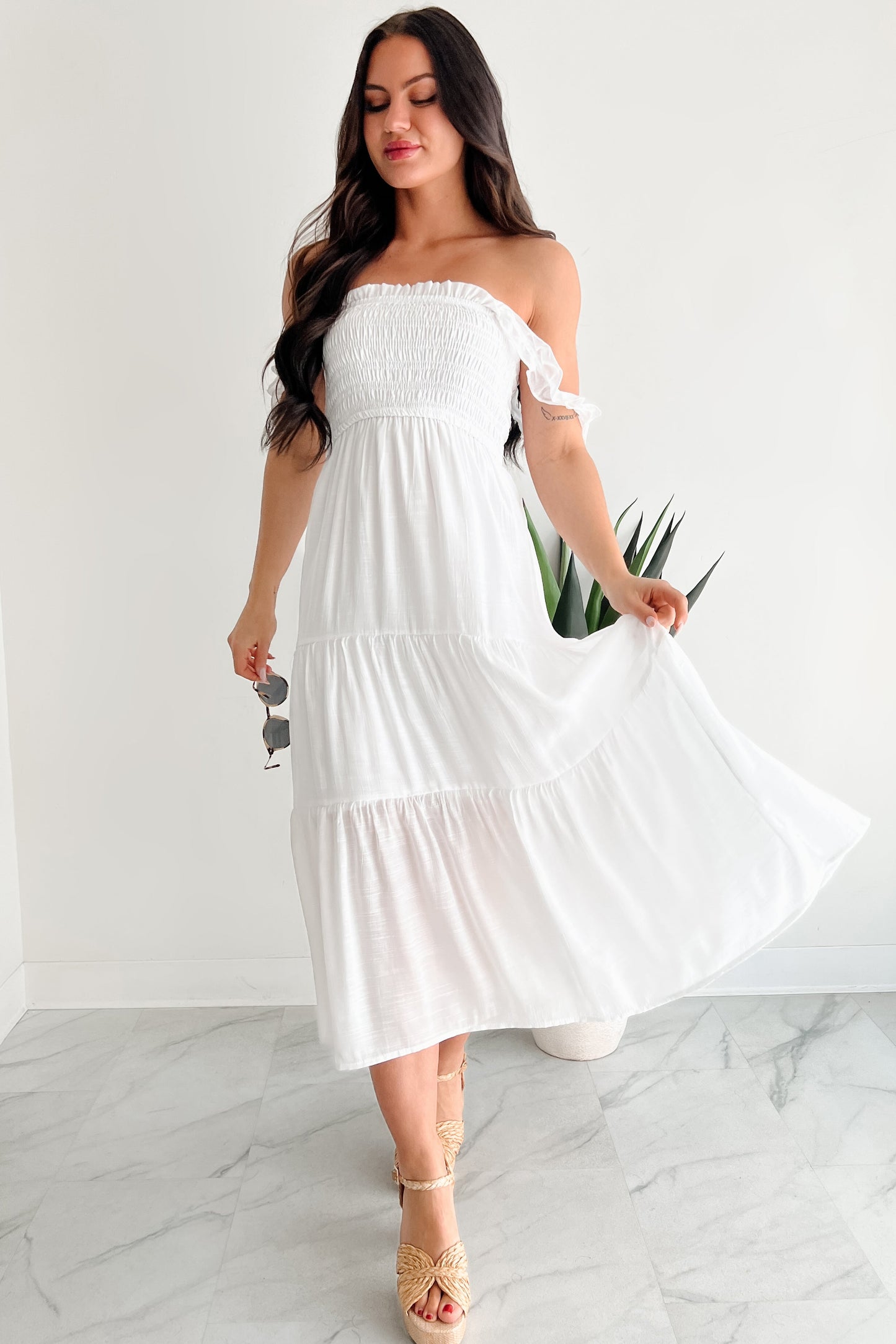Wild Roots Sleeveless Smocked Maxi Dress (White)