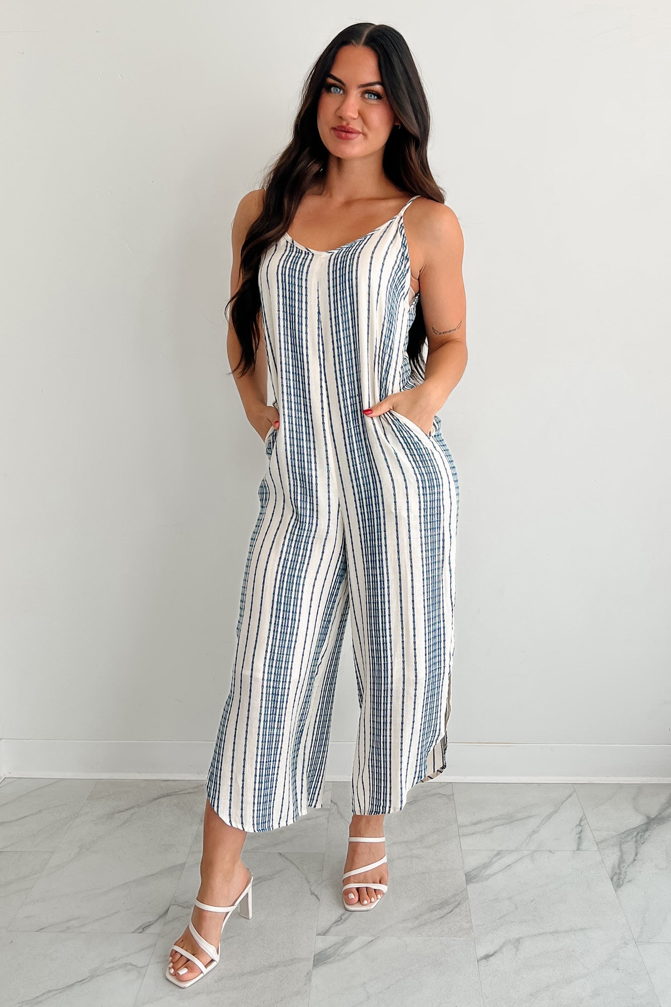 Worn With The Wind Sleeveless Striped Jumpsuit (Ivory/ Blue)