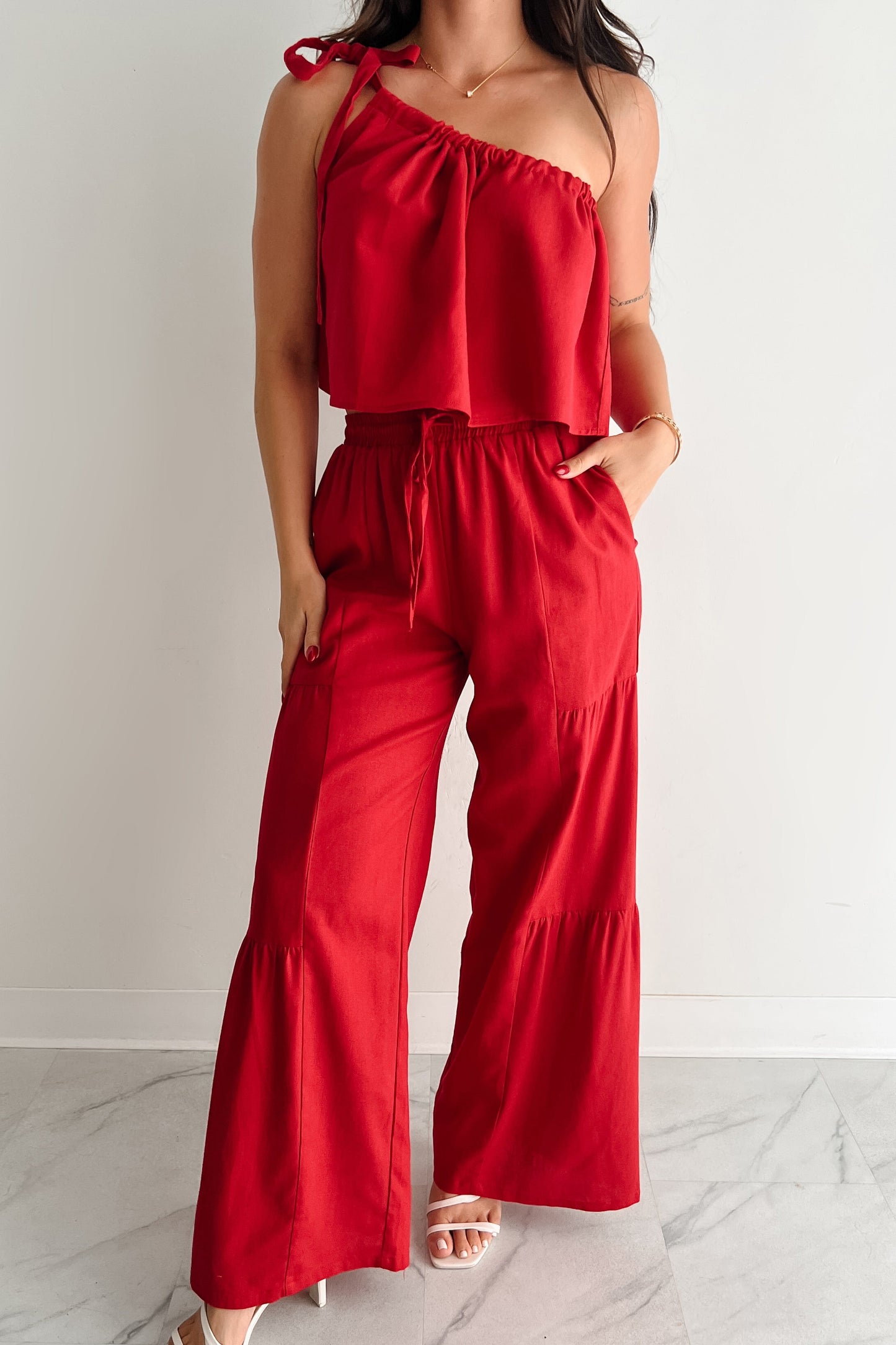 Real Karma Tiered Linen Pants (Red)