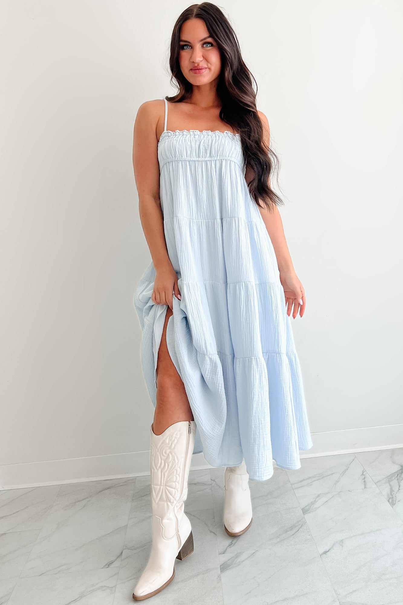 Twilight Glow Sleeveless Tiered Maxi Dress (Light Blue)