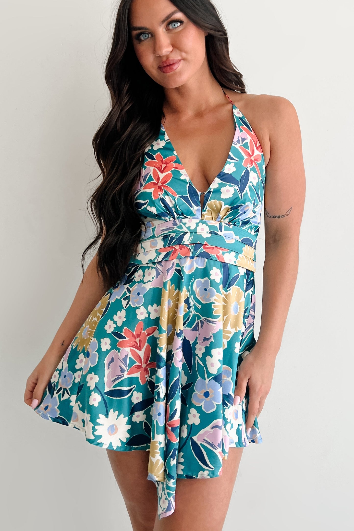 Smile Brighter Floral Halter Mini Dress (Pine Green)