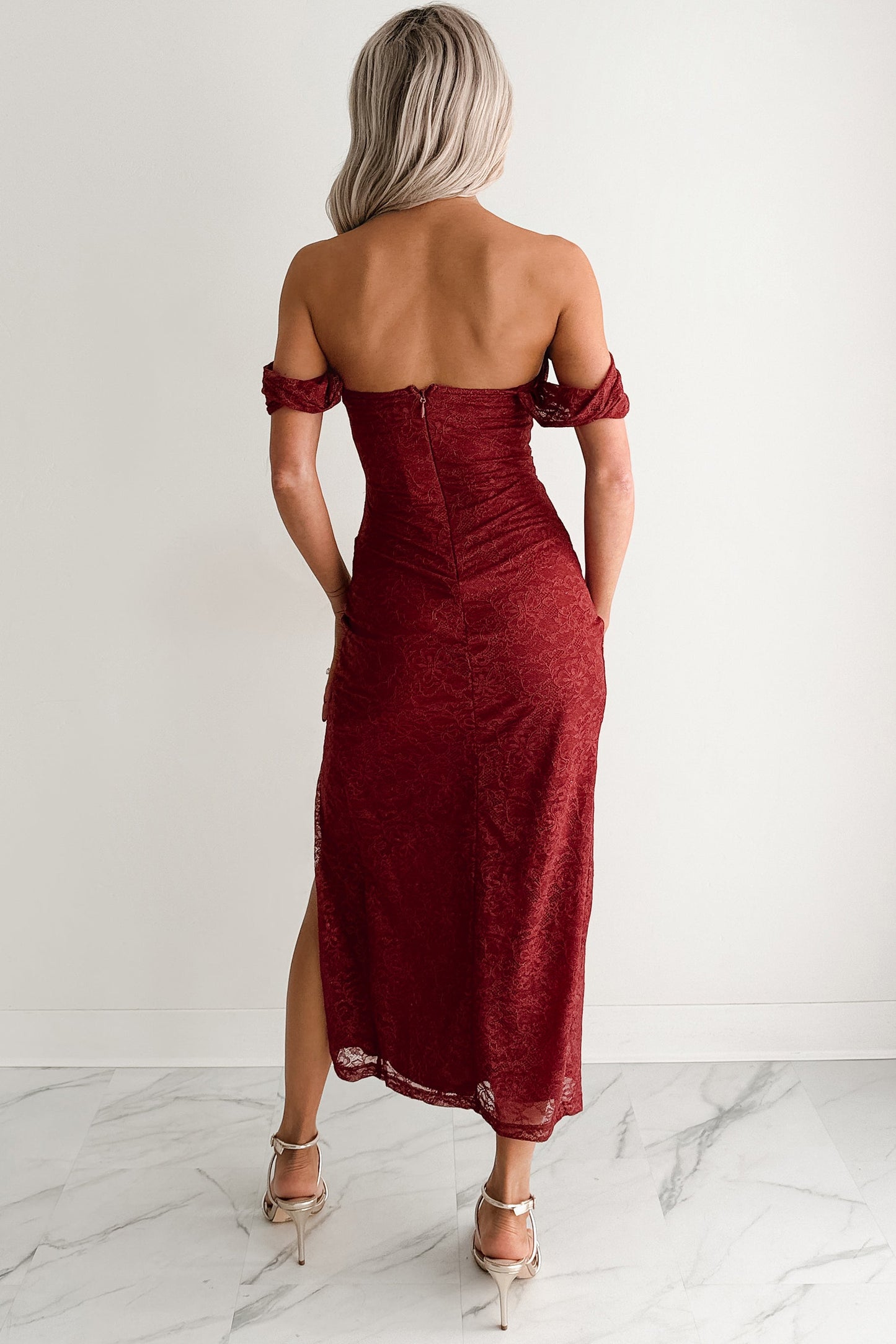 Loudly Her Off The Shoulder Glitter Lace Midi Dress (Burgundy)