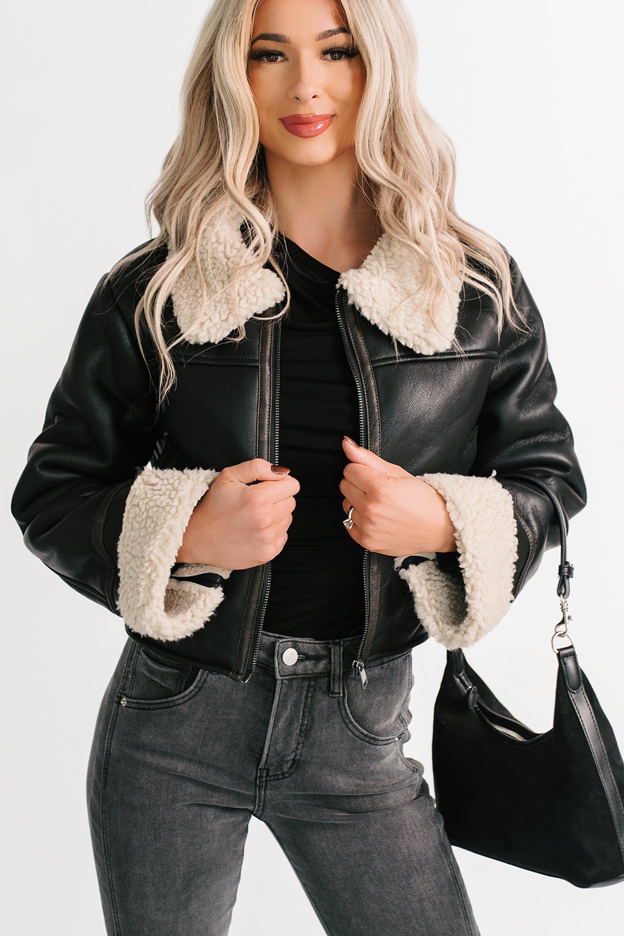 Serves You Right Sherpa Lined Faux Leather Jacket (Black)