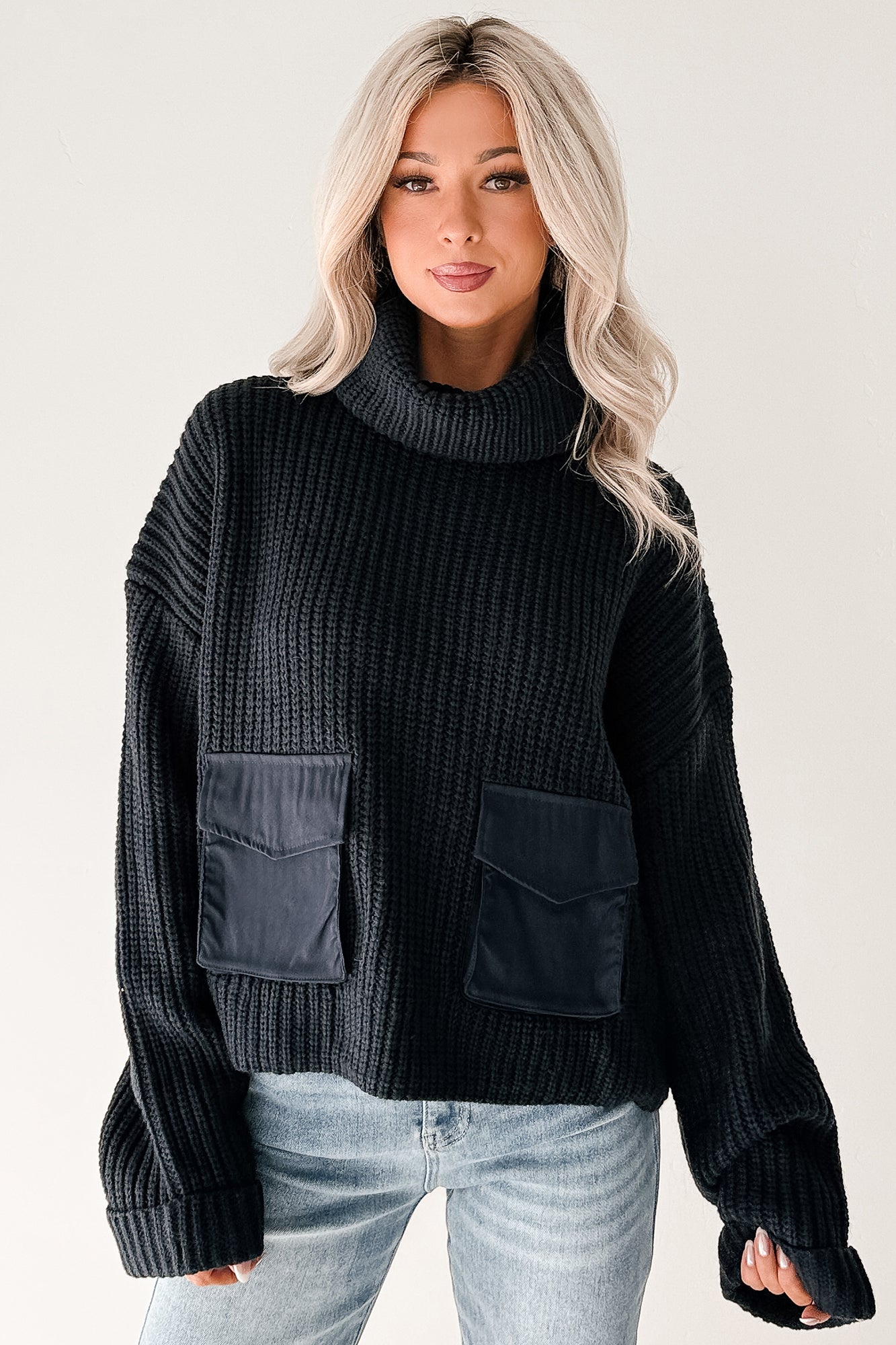 Tell Me Everything Cowl Neck Cargo Sweater (Dark Navy)