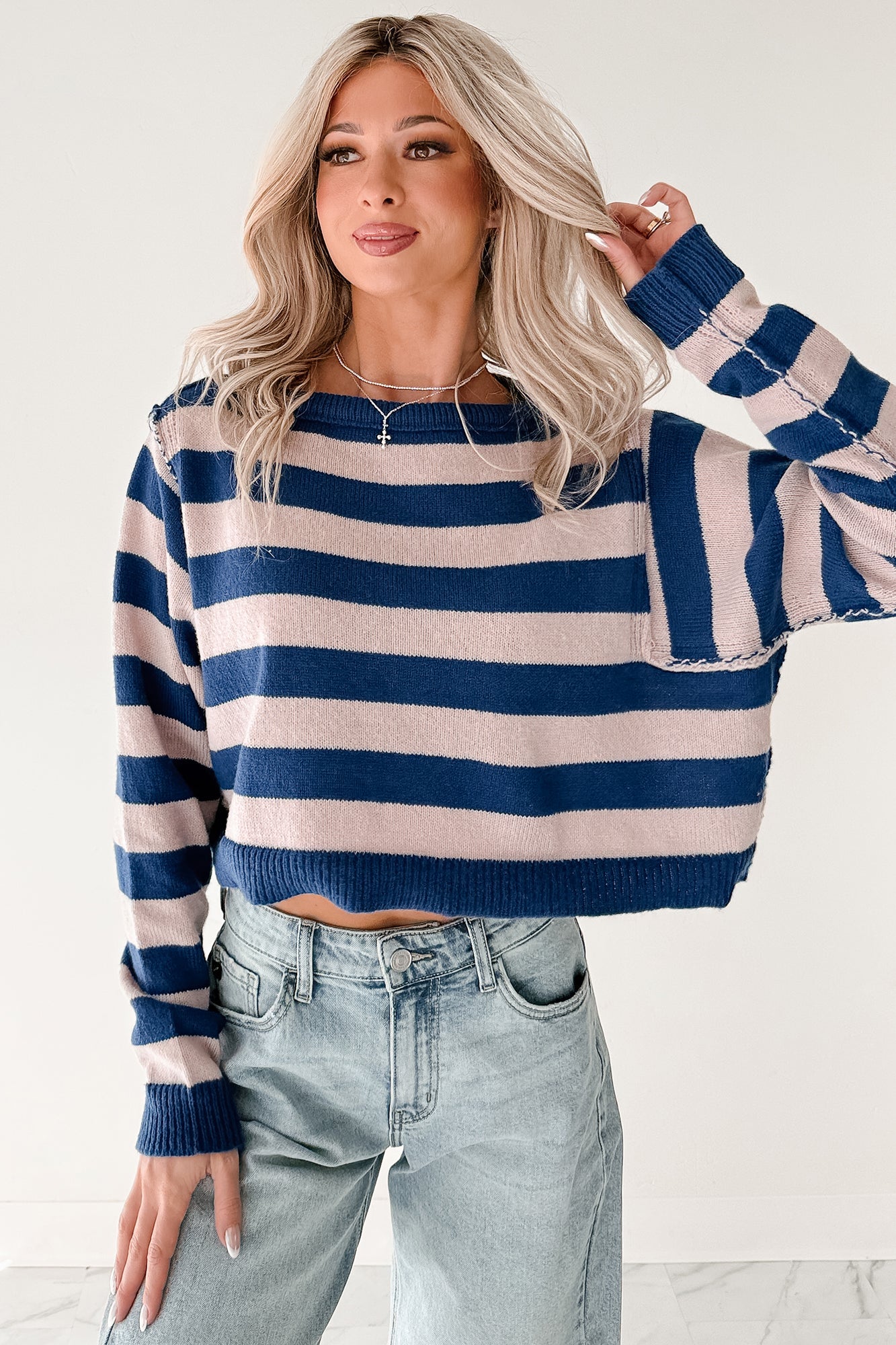 Wishing Well Stripe Boat Neck Sweater (Cobalt/Dusty Pink)