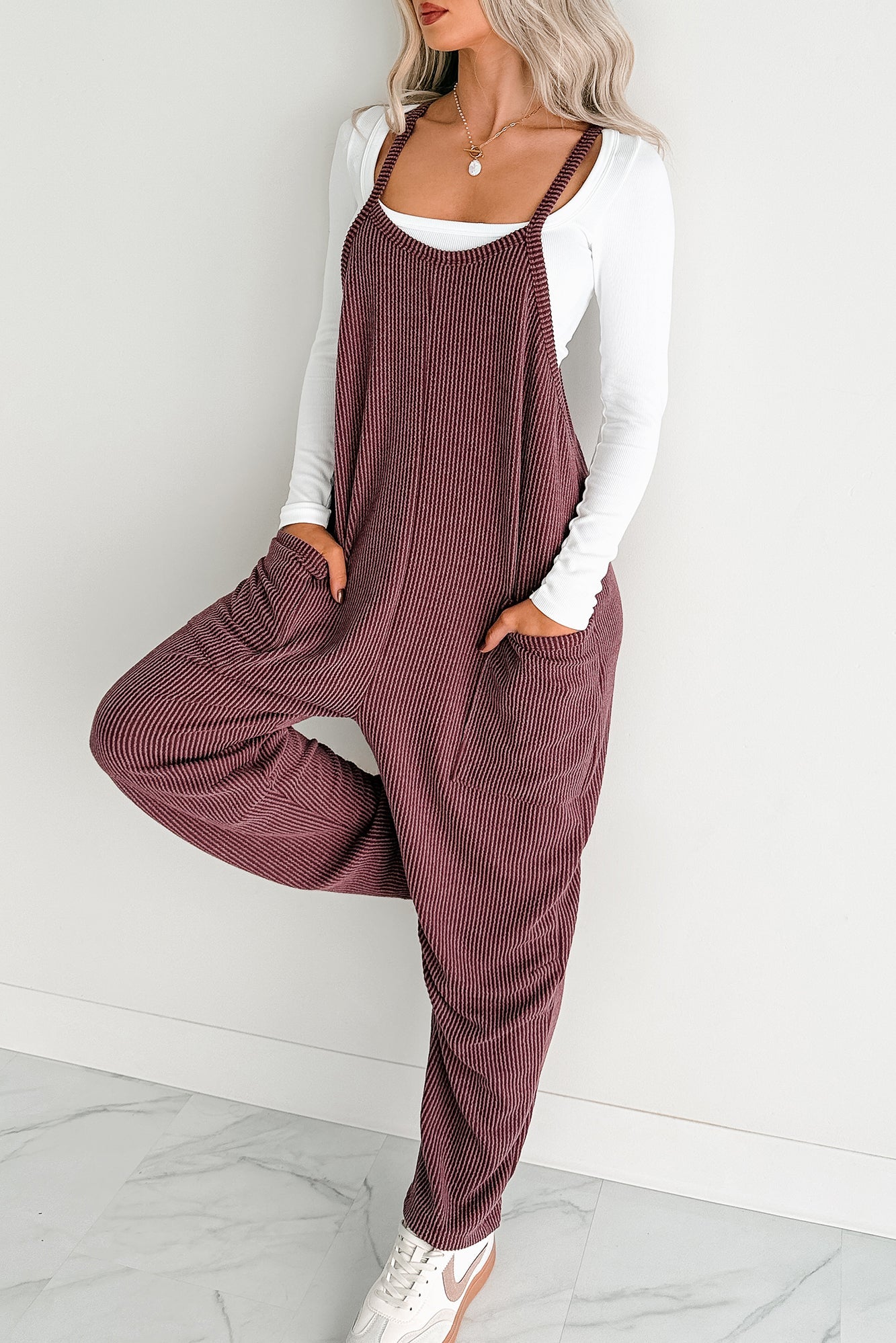 Sweet Crush Ribbed Sleeveless Jumpsuit (Maroon)