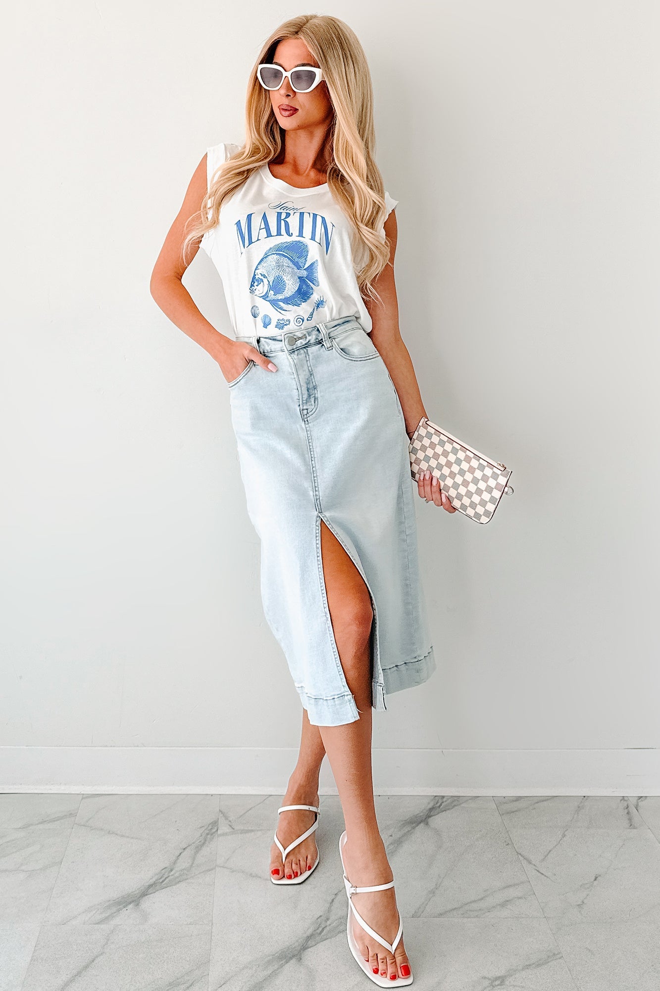 Skirtin' Around High Rise Denim Midi Skirt (Light)