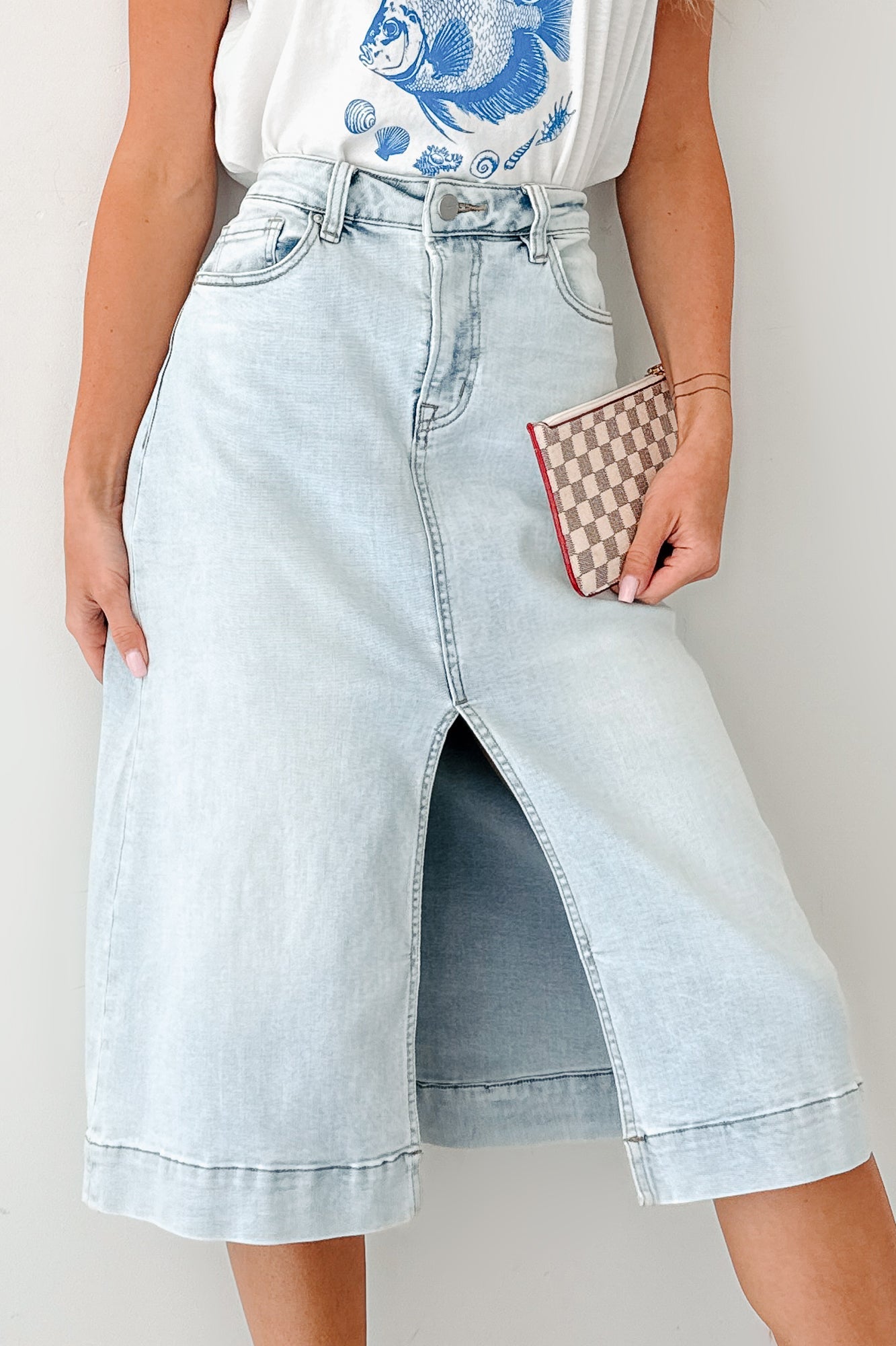 Skirtin' Around High Rise Denim Midi Skirt (Light)