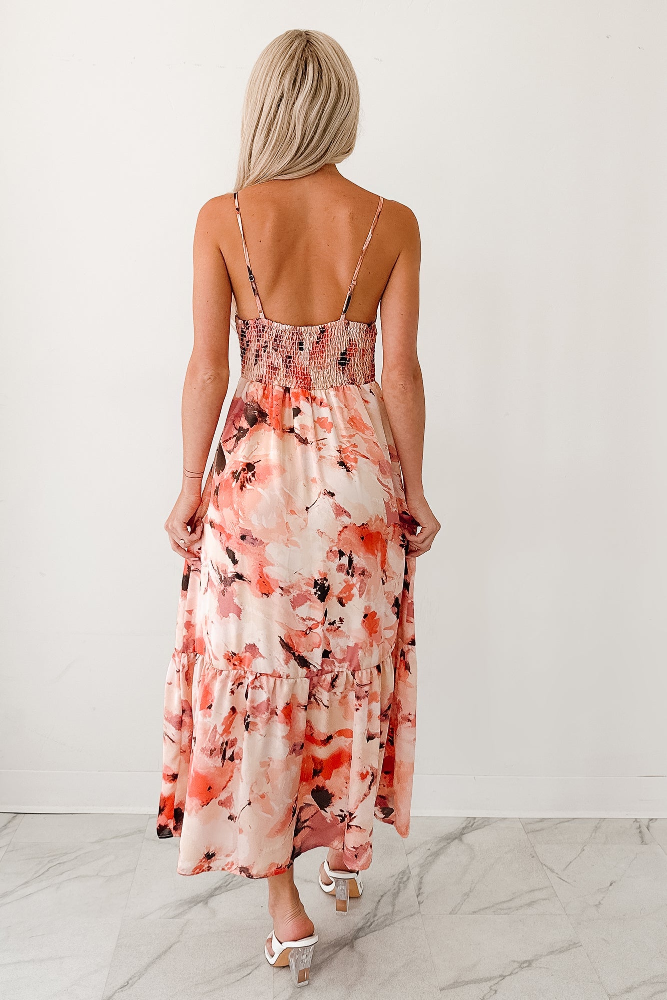 Slay Softly Sleeveless Floral Midi Dress (Peach/Multi)