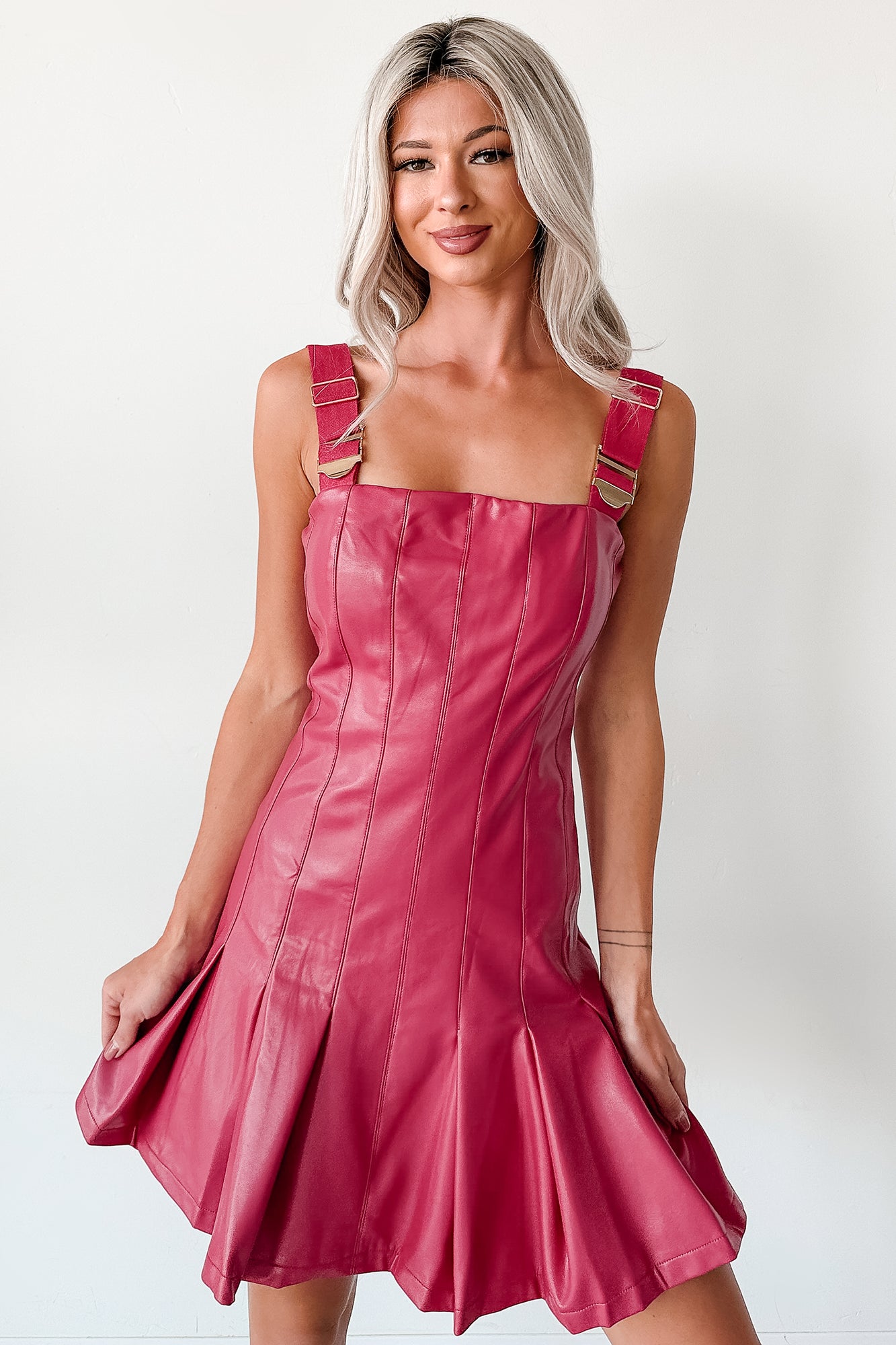 One Of None Pleated Faux Leather Dress (Magenta)