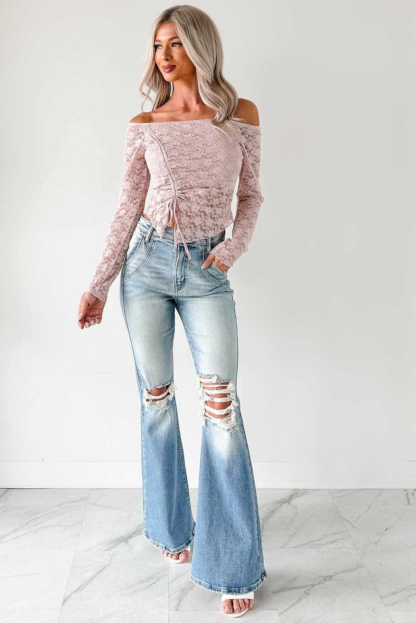 Up To Standard Ruched Lace Asymmetric Top (Blush)