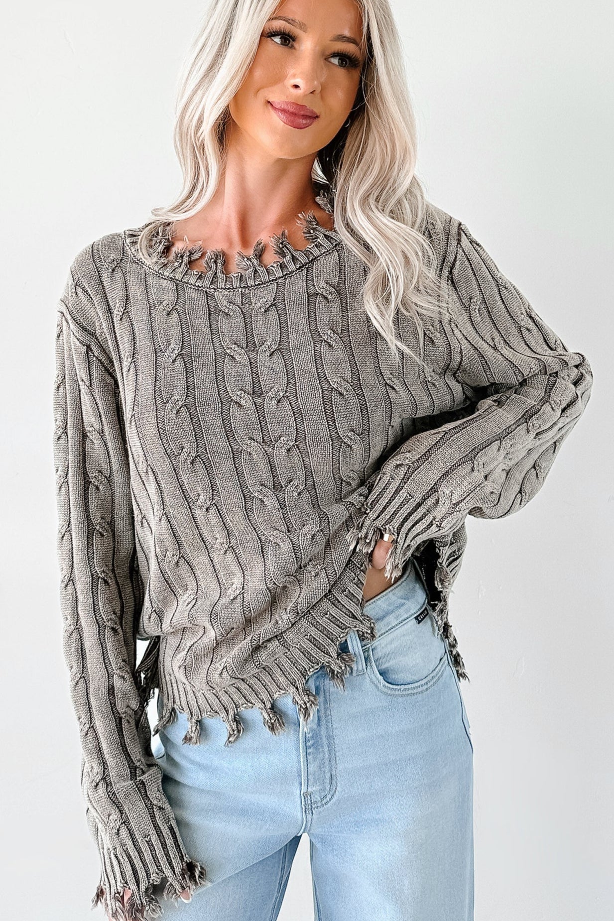 Unwritten Future Cable Knit Fringe Zenana Sweater (Brown)