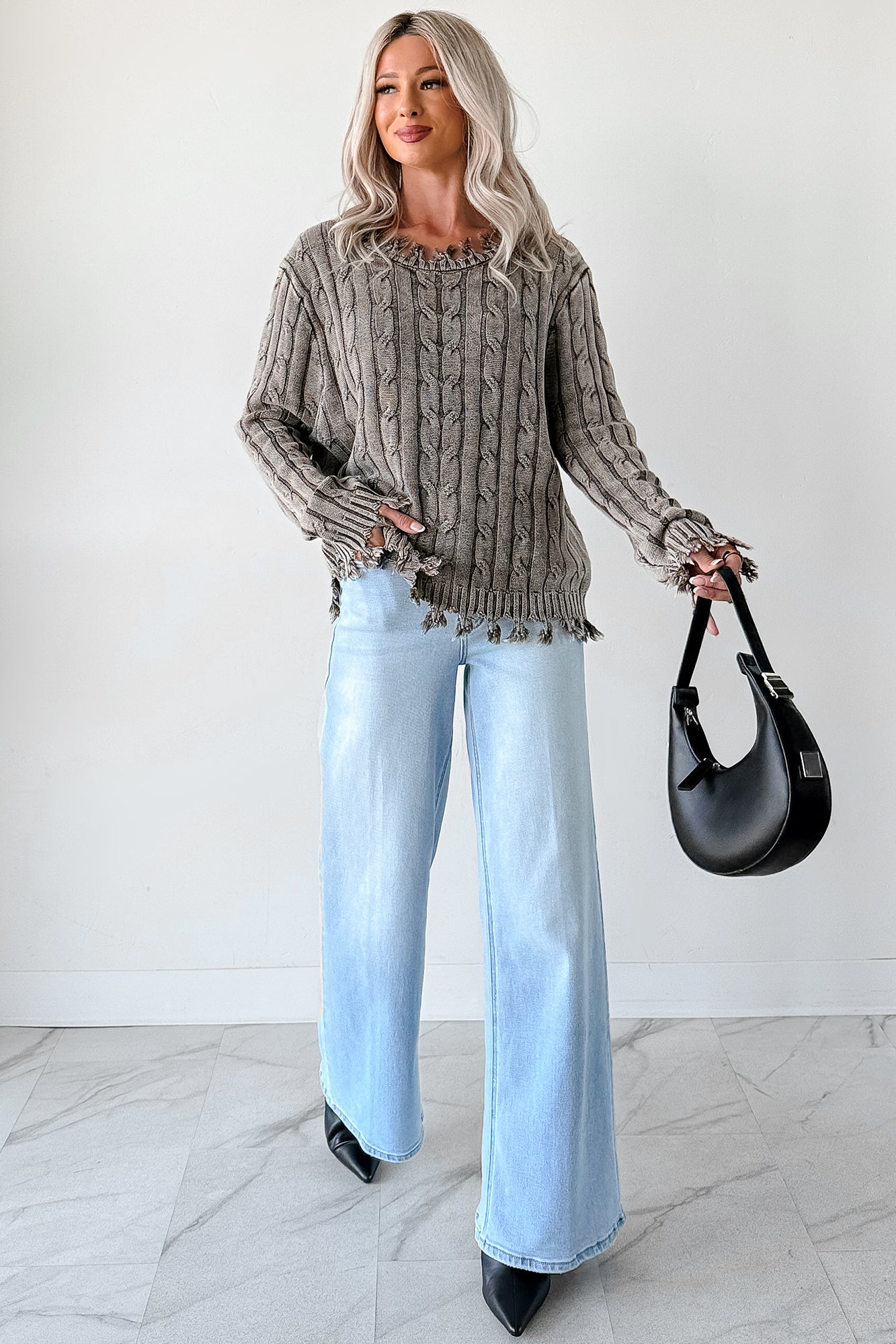 Unwritten Future Cable Knit Fringe Zenana Sweater (Brown)