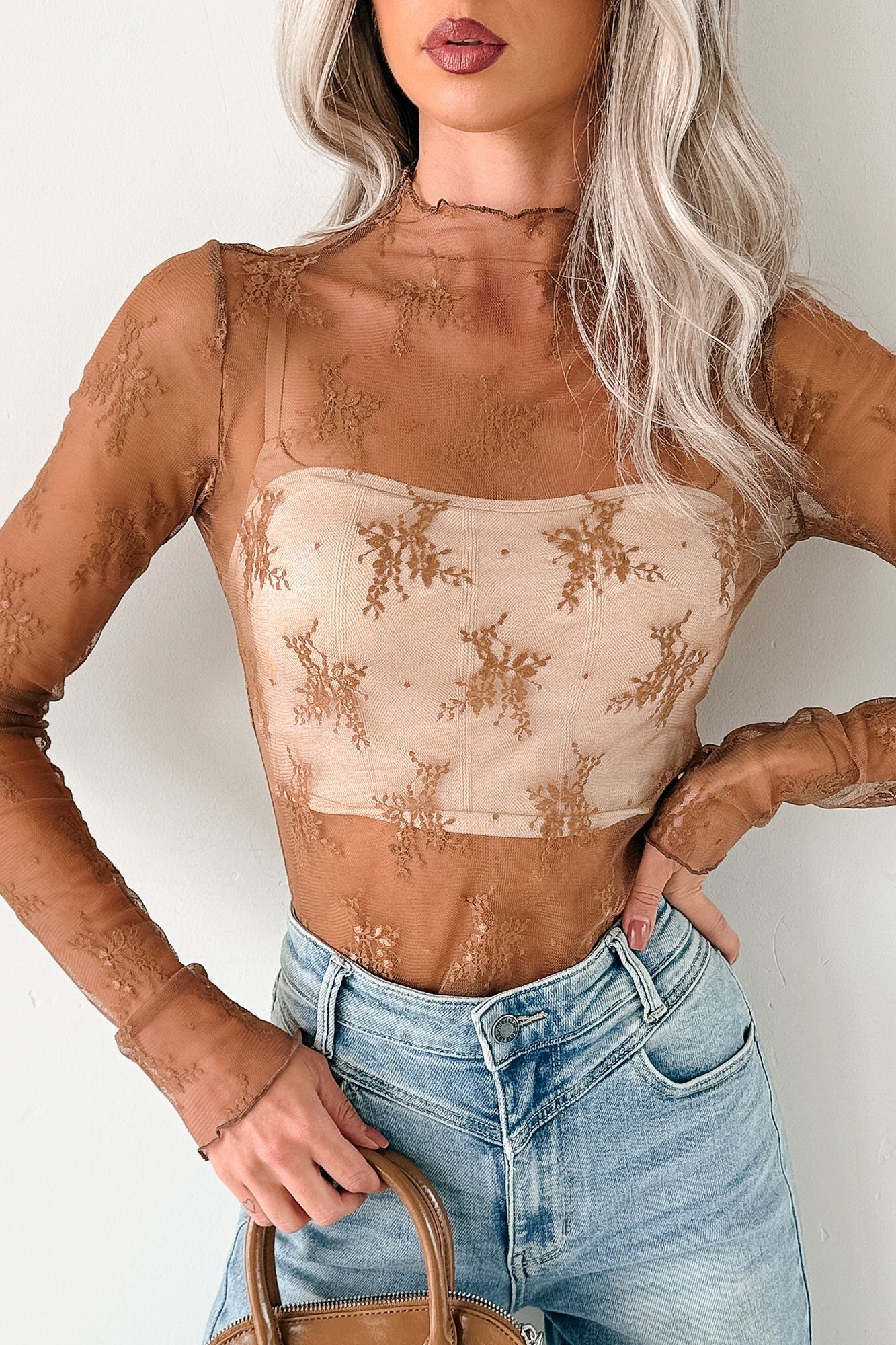 Living For The Likes Lace Long Sleeve Top (Mocha)