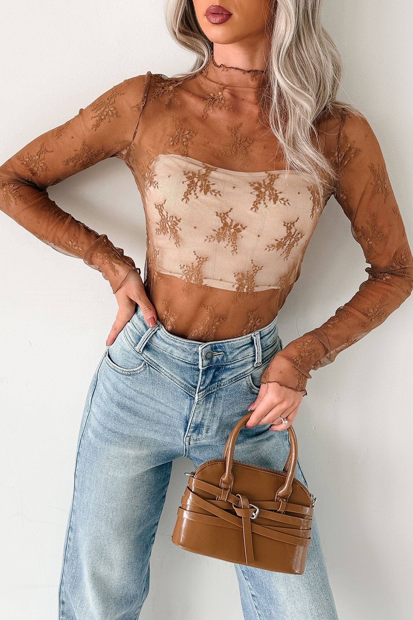 Living For The Likes Lace Long Sleeve Top (Mocha)
