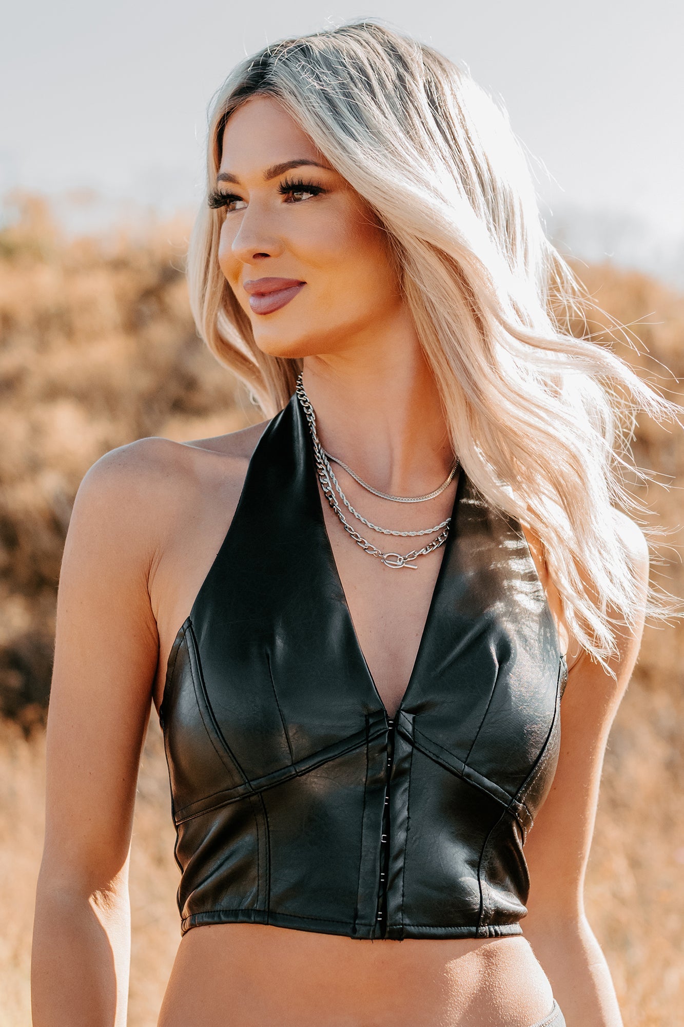 Urban Glow Faux Leather Halter Crop Top (Black)