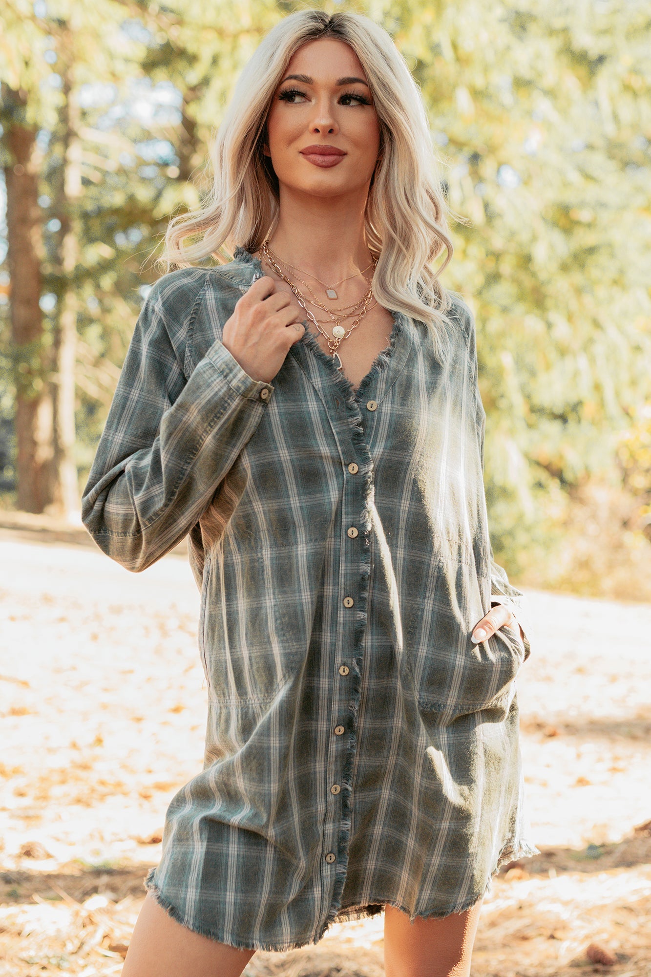 Let's Get Lost Plaid Shirt Mini Dress (Pine Green)