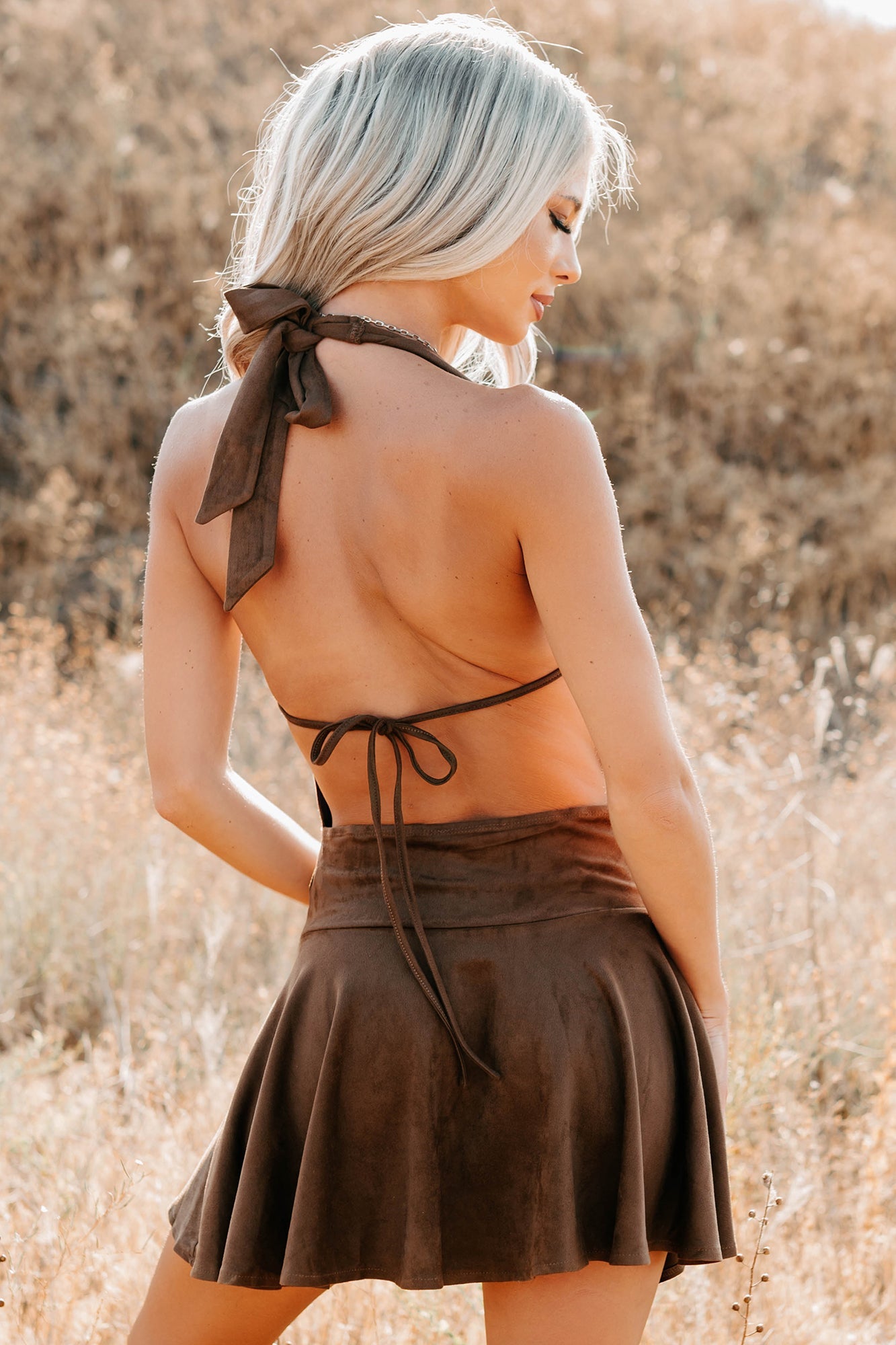 Refined Glow Faux Suede Halter Mini Dress (Chocolate)