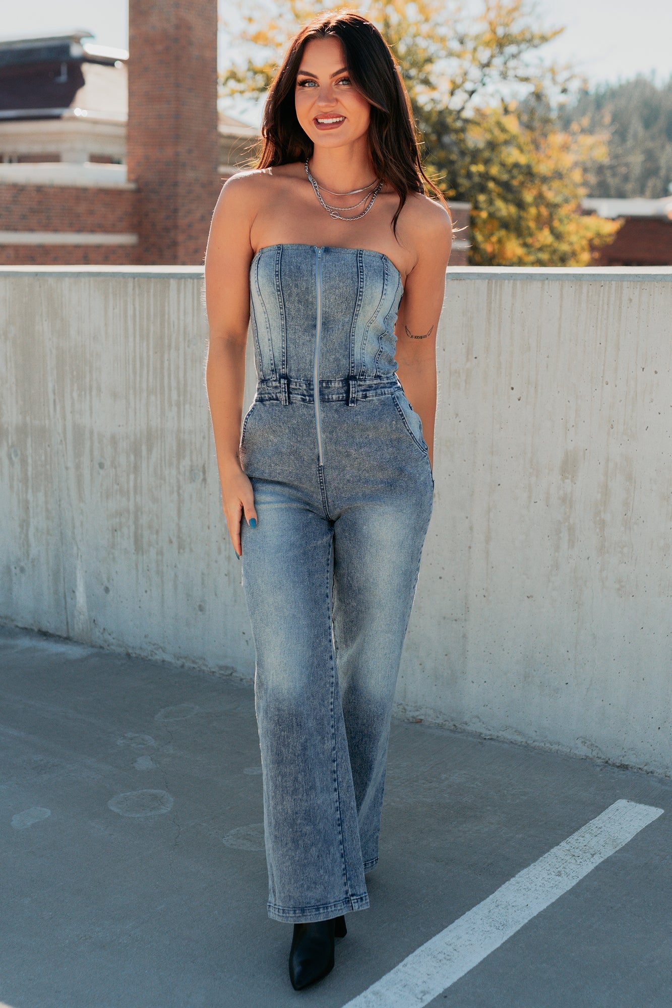 Your Idol Denim Strapless Wide Leg Jumpsuit (Medium Wash)