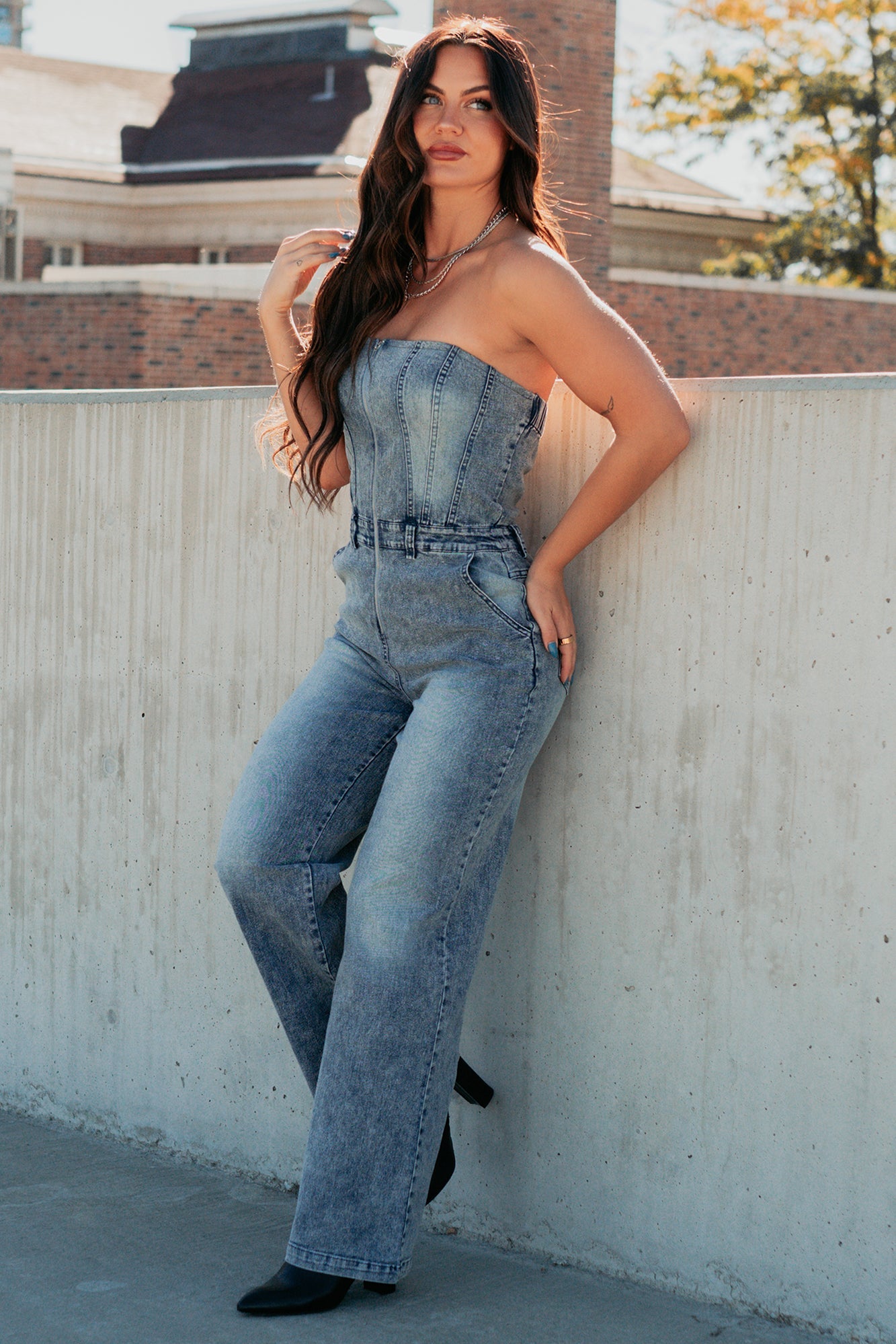 Your Idol Denim Strapless Wide Leg Jumpsuit (Medium Wash)