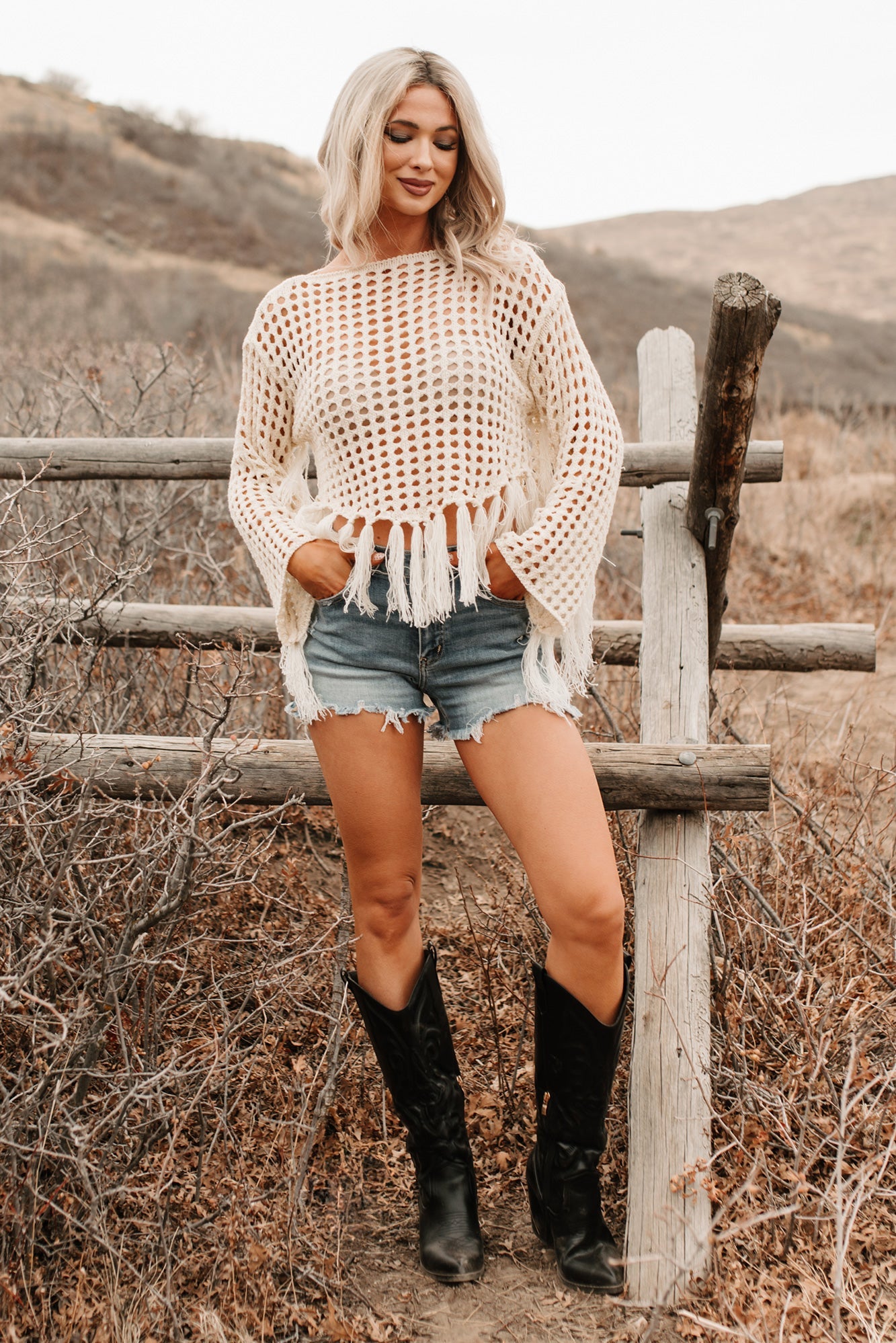 Open Skies Boatneck Crochet Sweater Fringe Top (Cream)
